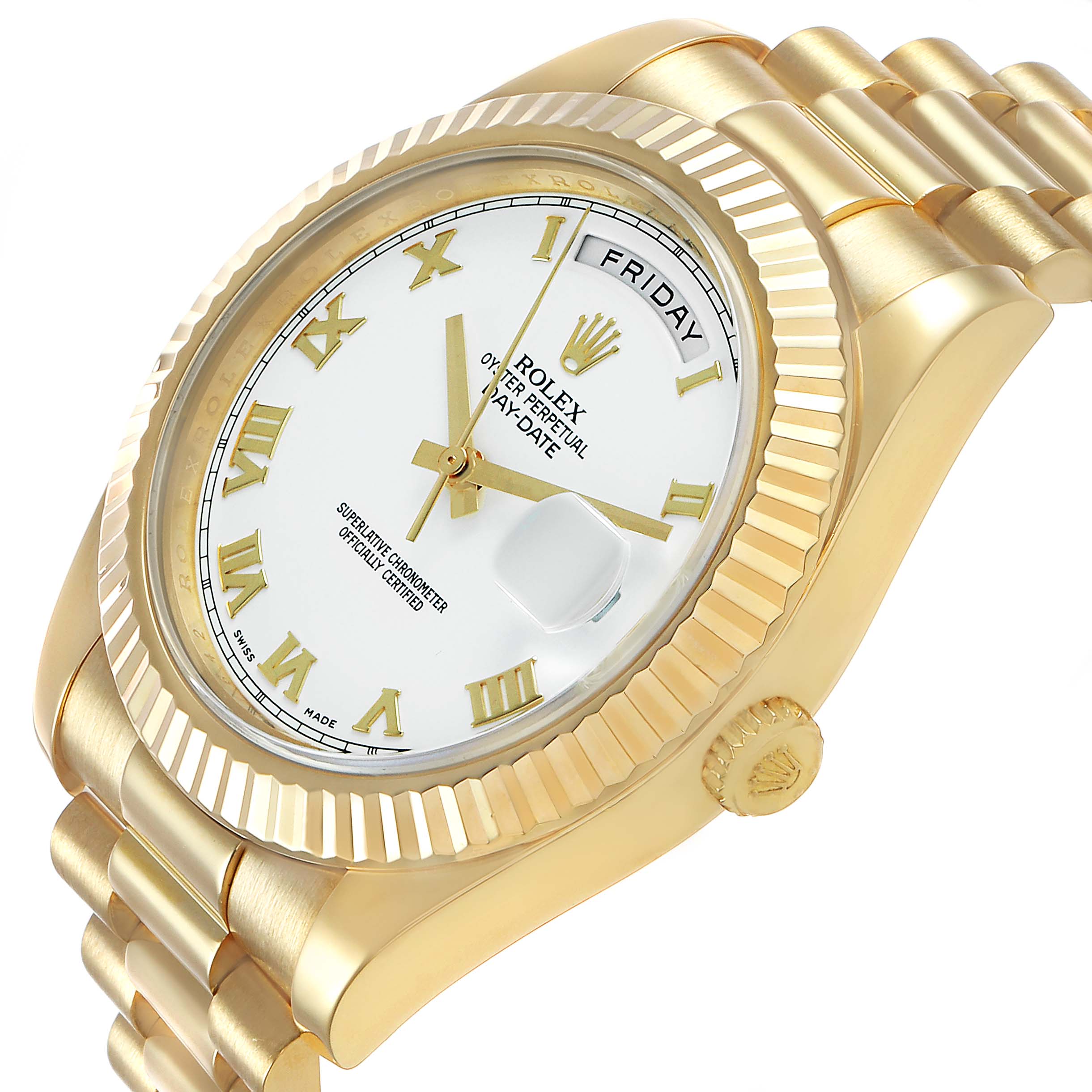 The Rolex President 218238 Men's Yellow Gold White Dial model watch is shown from an angled side view, displaying its face, fluted bezel, crown, and part of the bracelet.
