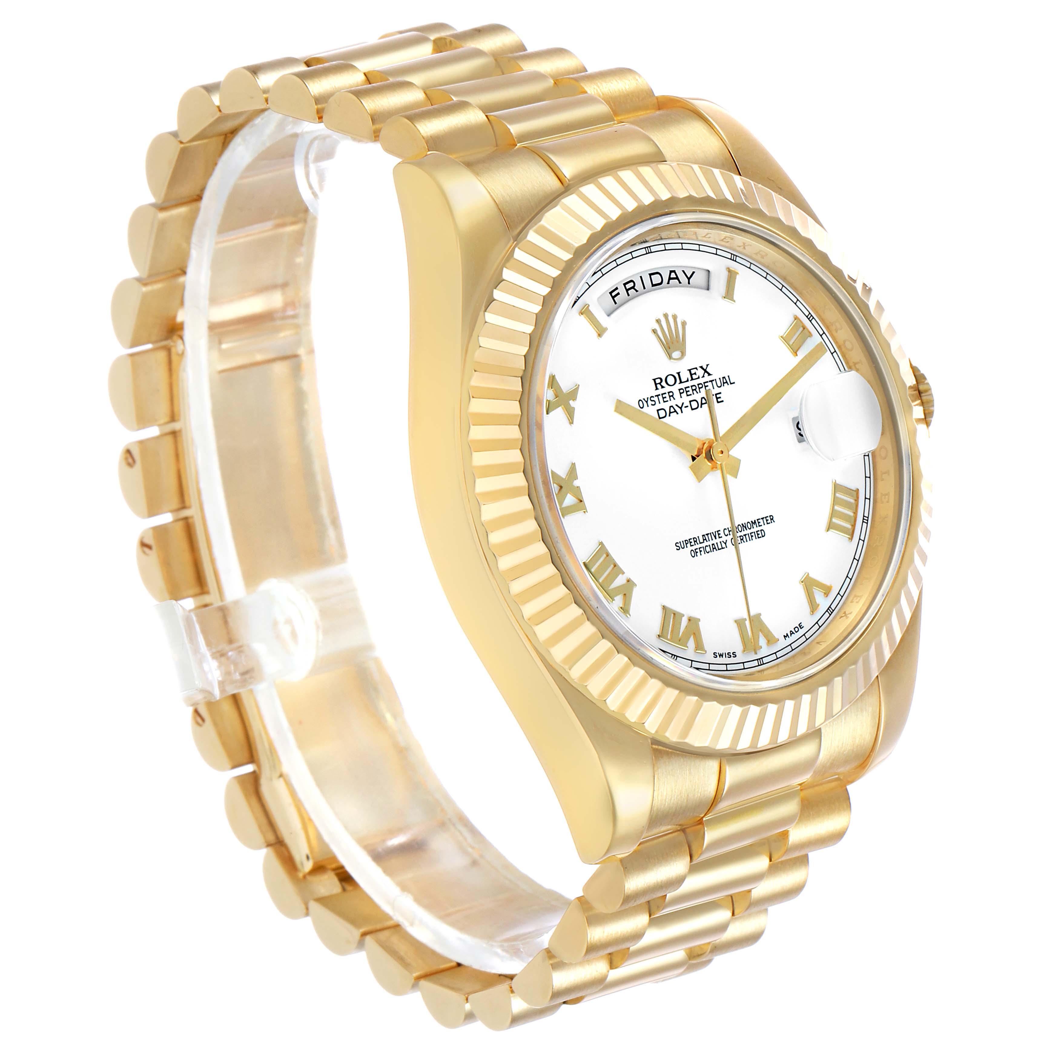 The Rolex President 218238 Men's Yellow Gold White Dial model watch is shown at a three-quarter angle, highlighting its gold bracelet and white dial with Roman numerals.