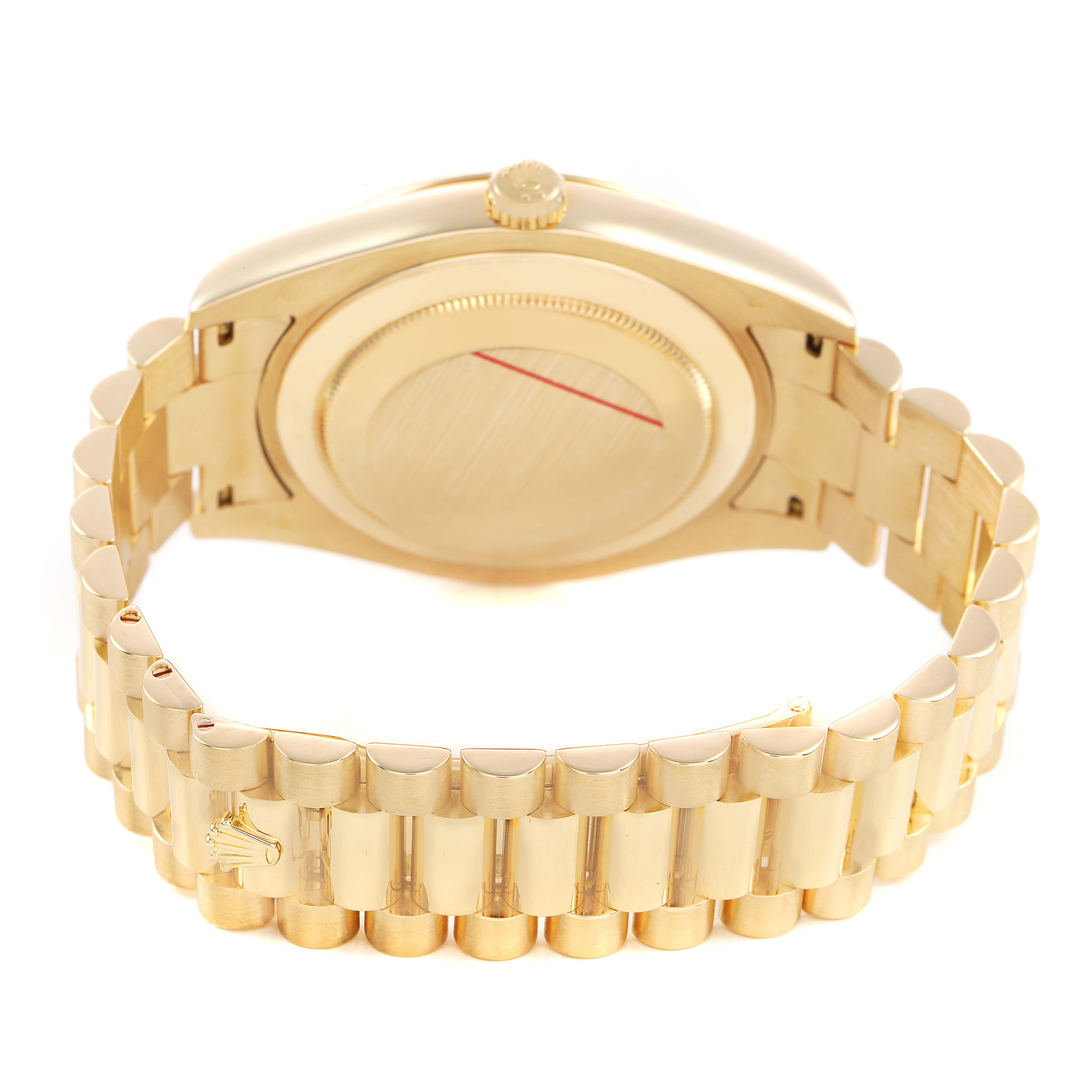 The image shows the back view of the Rolex President 218238 Men's Yellow Gold White Dial model, highlighting the clasp and bracelet links.