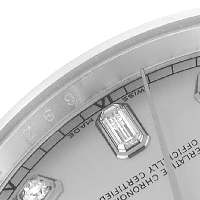 This image shows a close-up of the dial, indices, and part of the bezel of a Rolex President 118239 Men's White Gold Silver Dial 118239 Men's White Gold Silver Dial model watch.