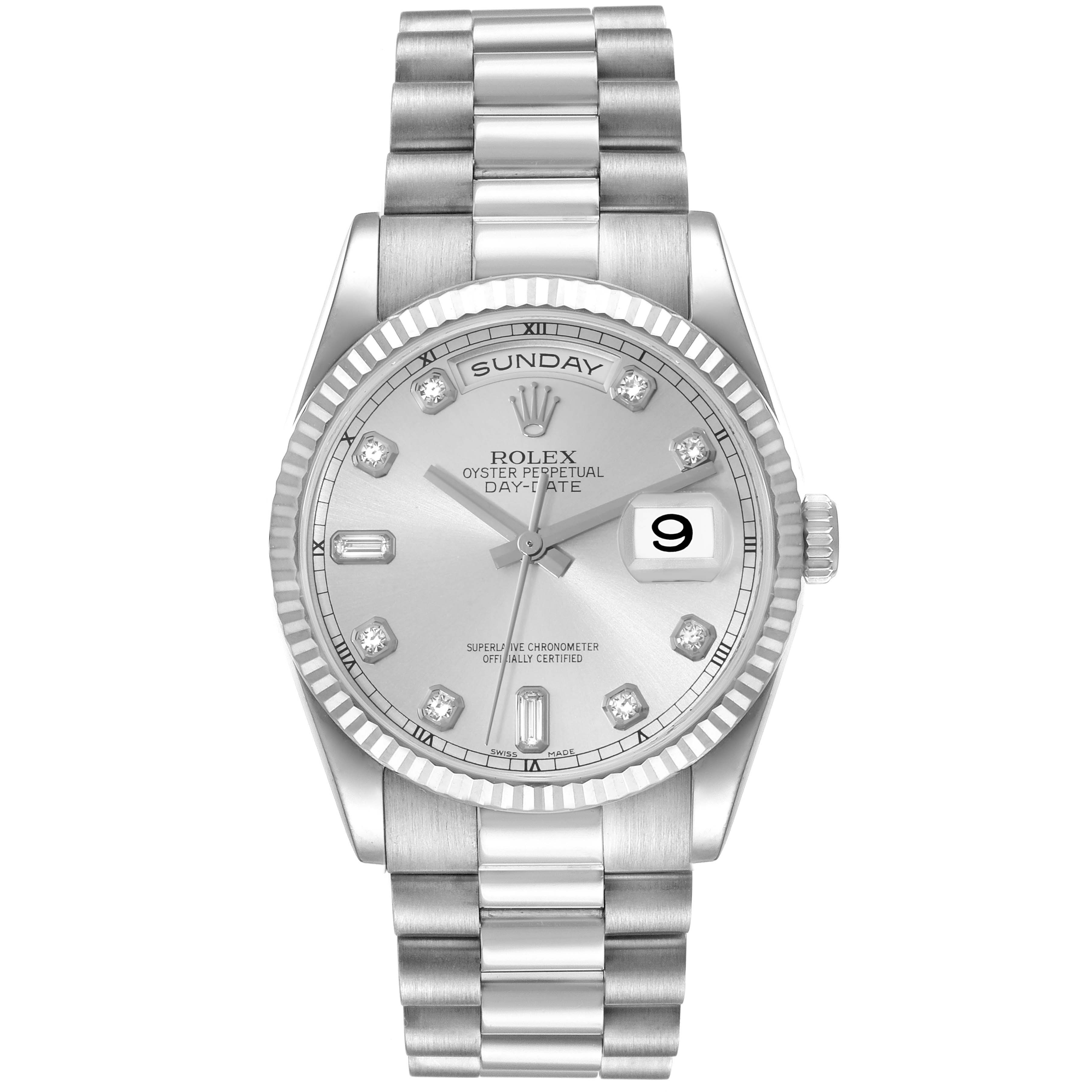 The image shows a front view of a Rolex President 118239 Men's White Gold Silver Dial 118239 Men's White Gold Silver Dial model watch, highlighting its face, dial, and bracelet.
