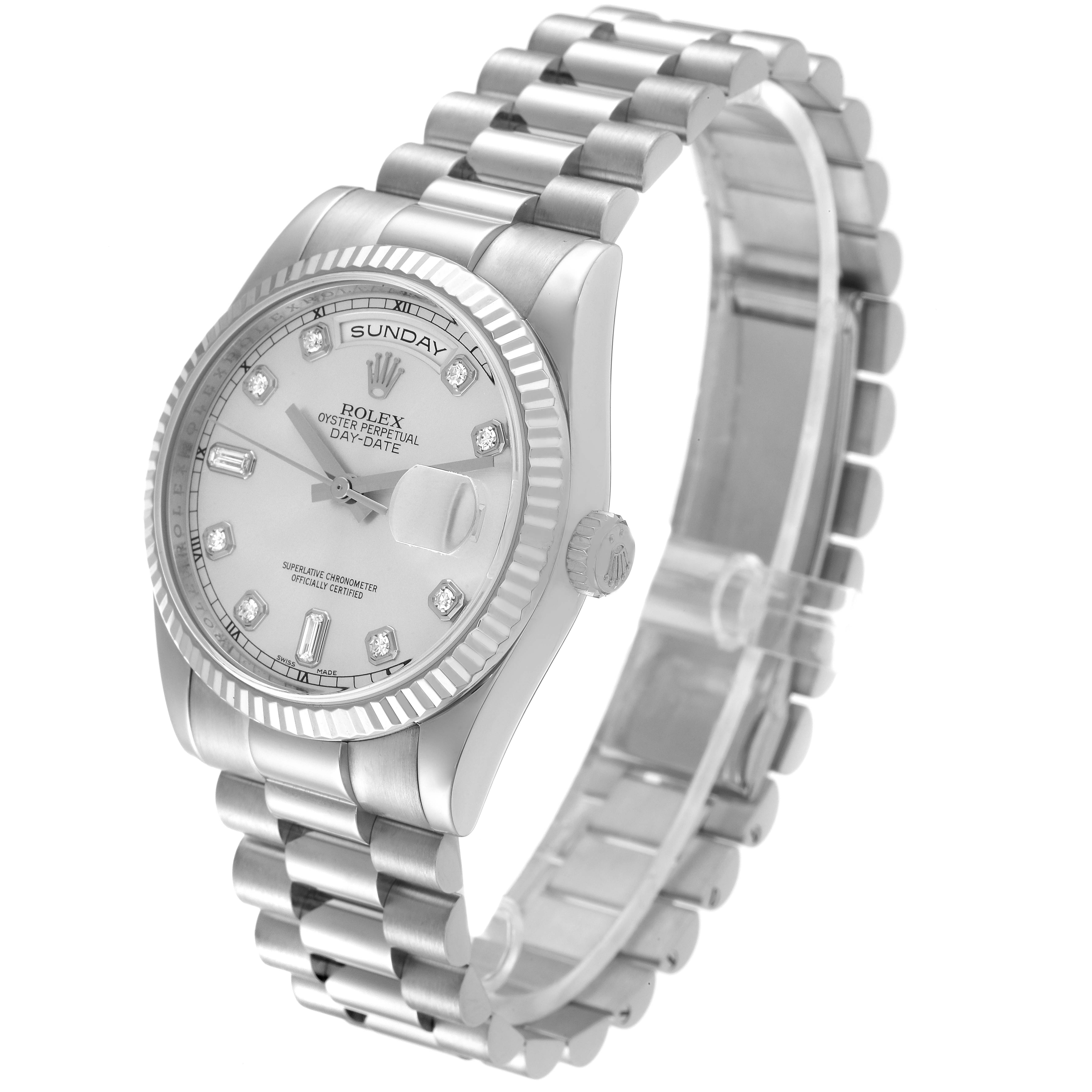 This image shows a Rolex President 118239 Men's White Gold Silver Dial 118239 Men's White Gold Silver Dial model watch at an angled view, highlighting the dial, bezel, case, crown, and bracelet.