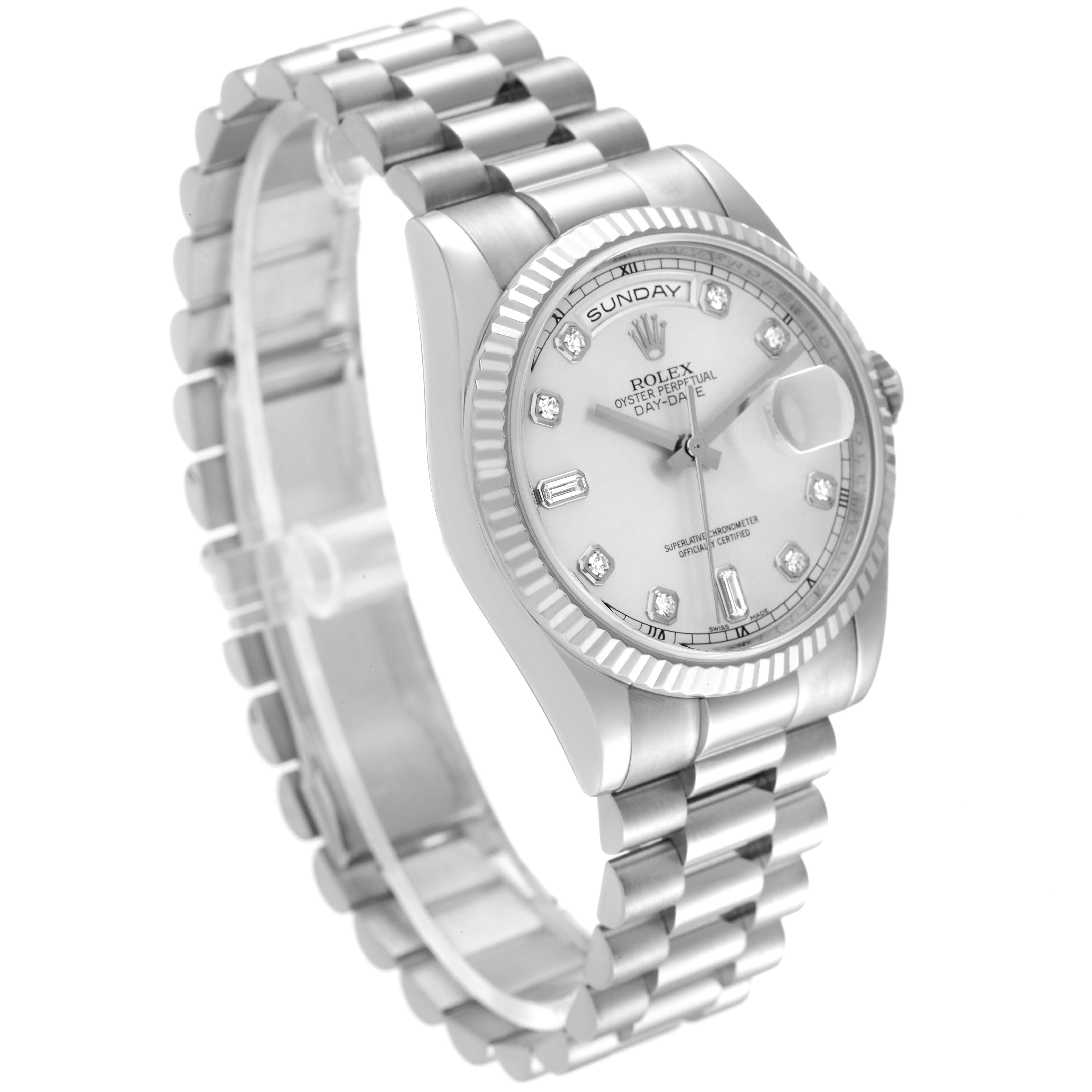 The image shows the front and side view of a Rolex President 118239 Men's White Gold Silver Dial 118239 Men's White Gold Silver Dial model watch, highlighting its dial, bracelet, and case.
