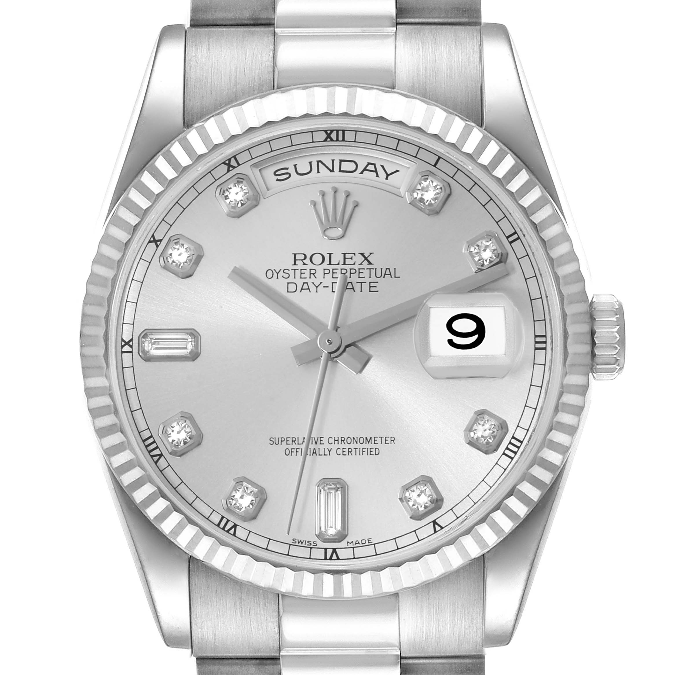 This image shows a front view of a Rolex President 118239 Men's White Gold Silver Dial 118239 Men's White Gold Silver Dial model watch, highlighting the dial, day, and date display.