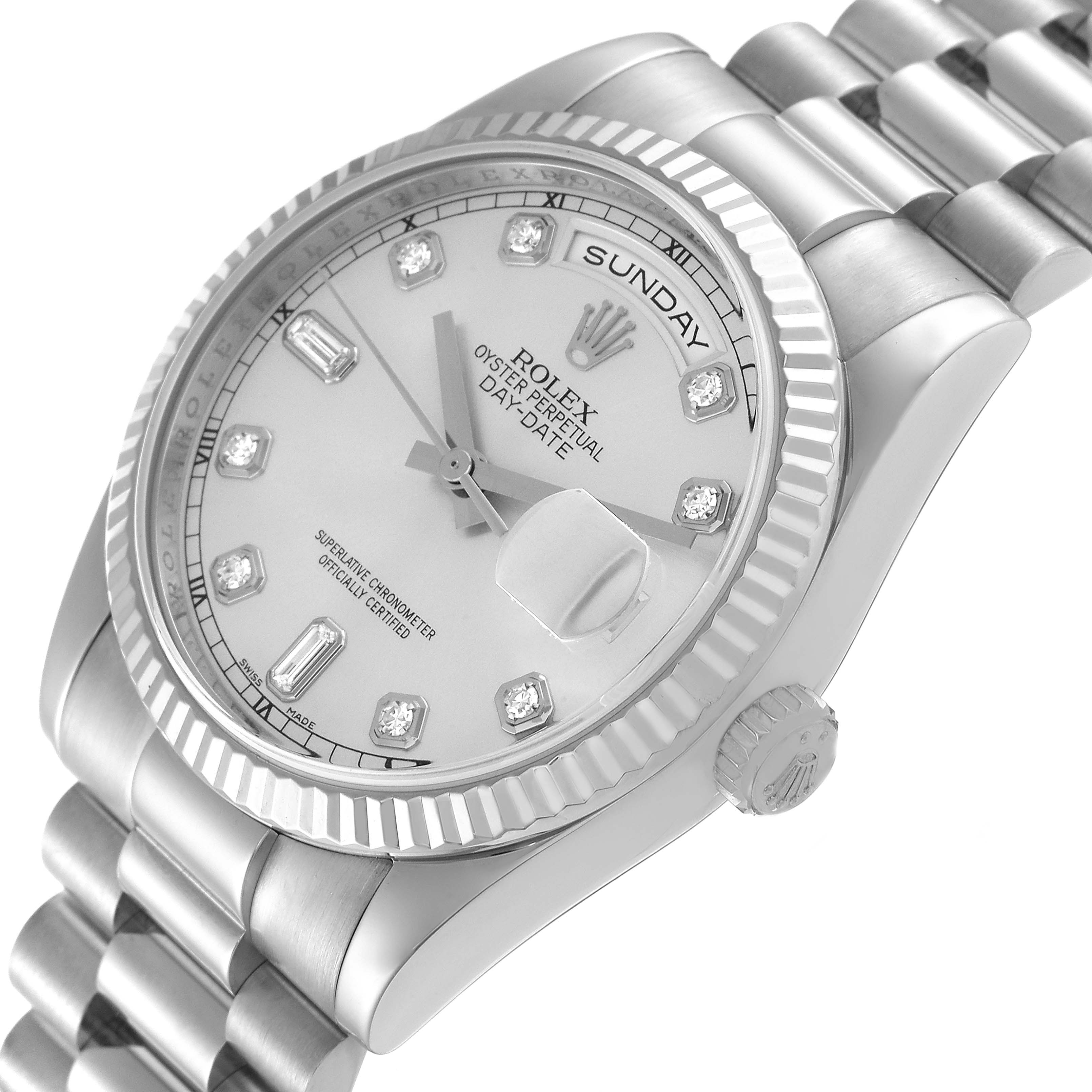 This image shows a close-up of the dial, bezel, bracelet, and crown of a Rolex President 118239 Men's White Gold Silver Dial 118239 Men's White Gold Silver Dial model watch from an angled top view.