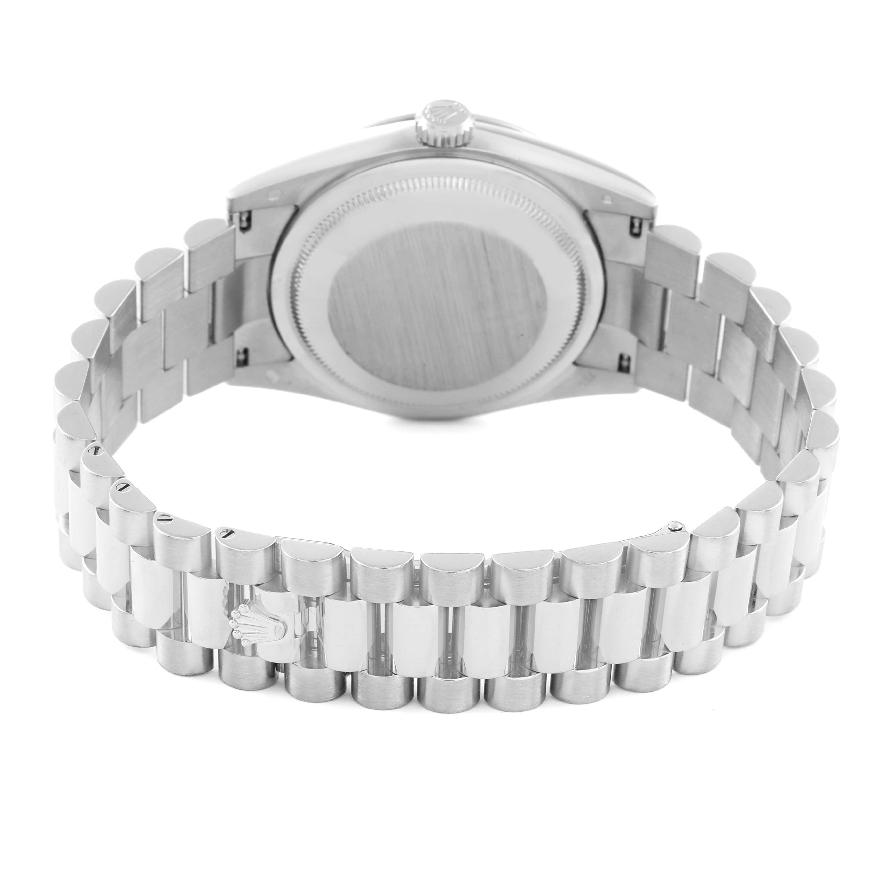 This image shows the back view of a Rolex President 118239 Men's White Gold Silver Dial 118239 Men's White Gold Silver Dial model watch, highlighting its bracelet and case back.