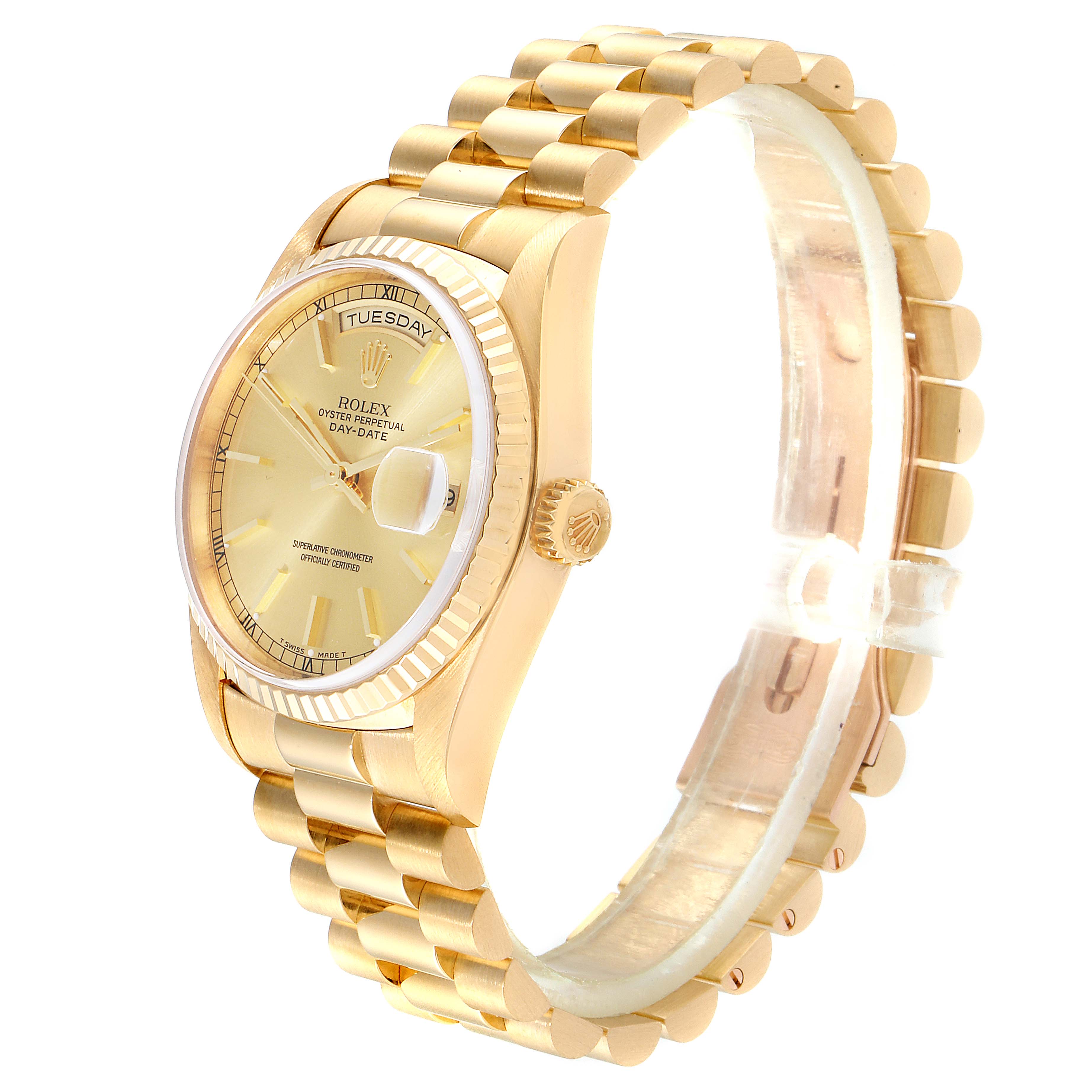 The Rolex President 18238 Men
s Yellow Gold Champagne Dial 18238 Men
s Yellow Gold Champagne Dial model watch is shown at a three-quarter angle, highlighting the face, bezel, crown, and bracelet.
