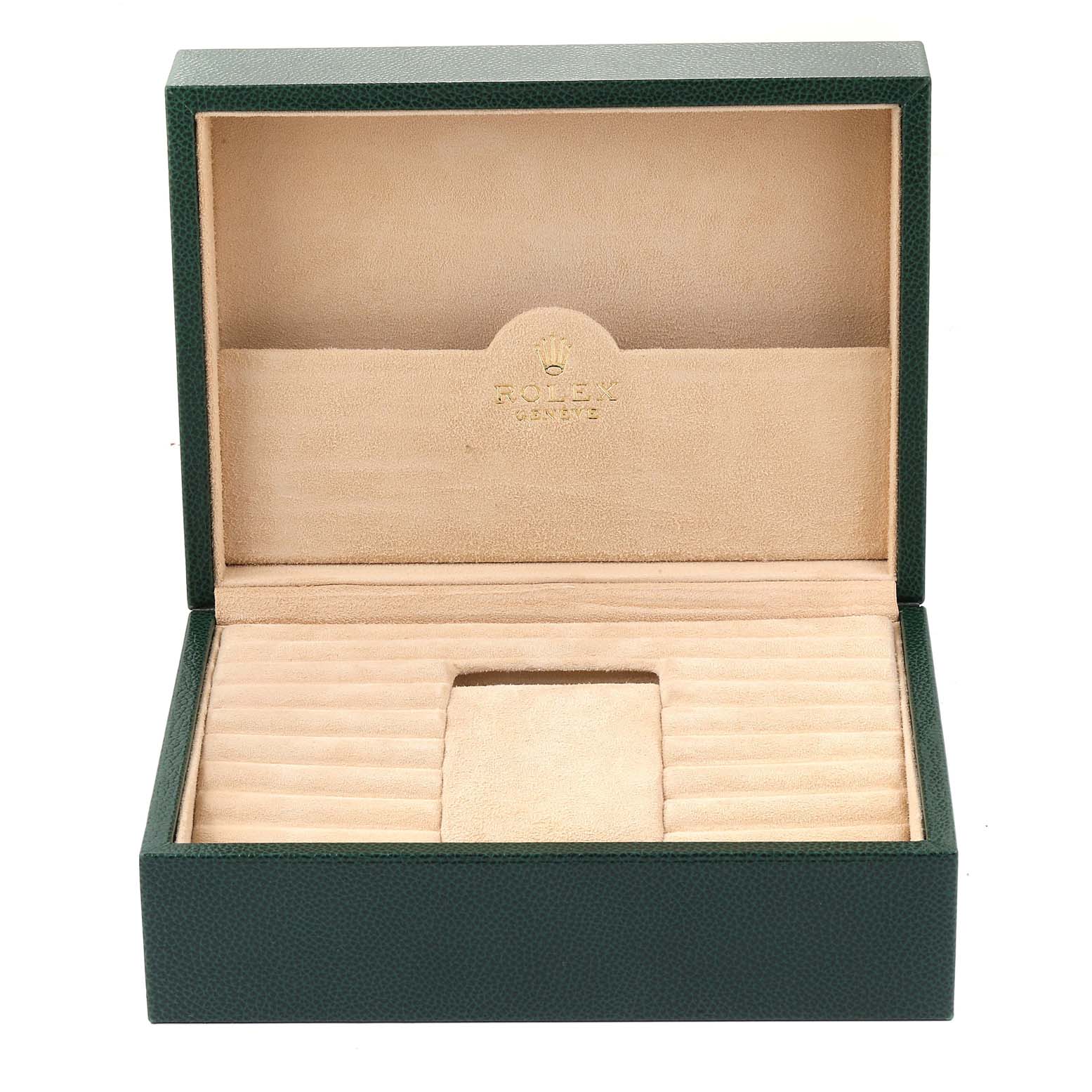 This image shows an open, green Rolex watch box, primarily for the President model, with a beige interior and the Rolex logo.