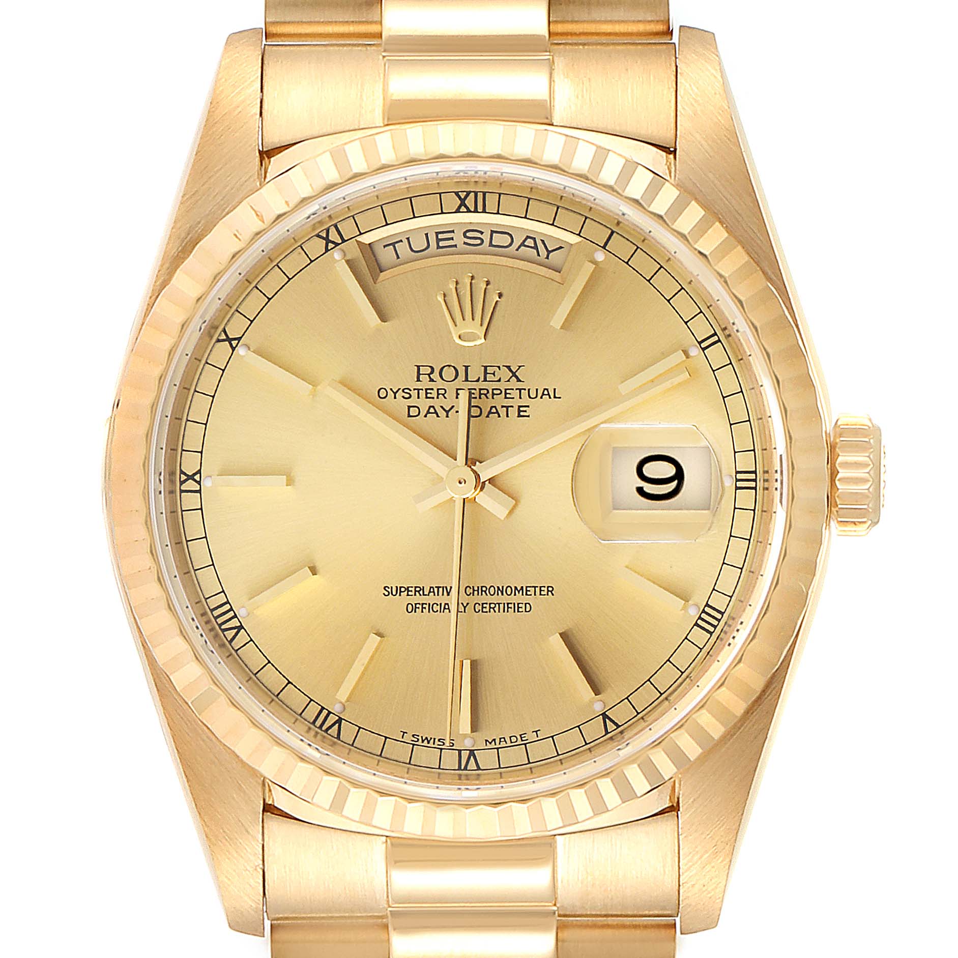 The image shows a front view of the Rolex President 18238 Men
s Yellow Gold Champagne Dial 18238 Men
s Yellow Gold Champagne Dial model displaying the dial, bezel, crown, and part of the bracelet.