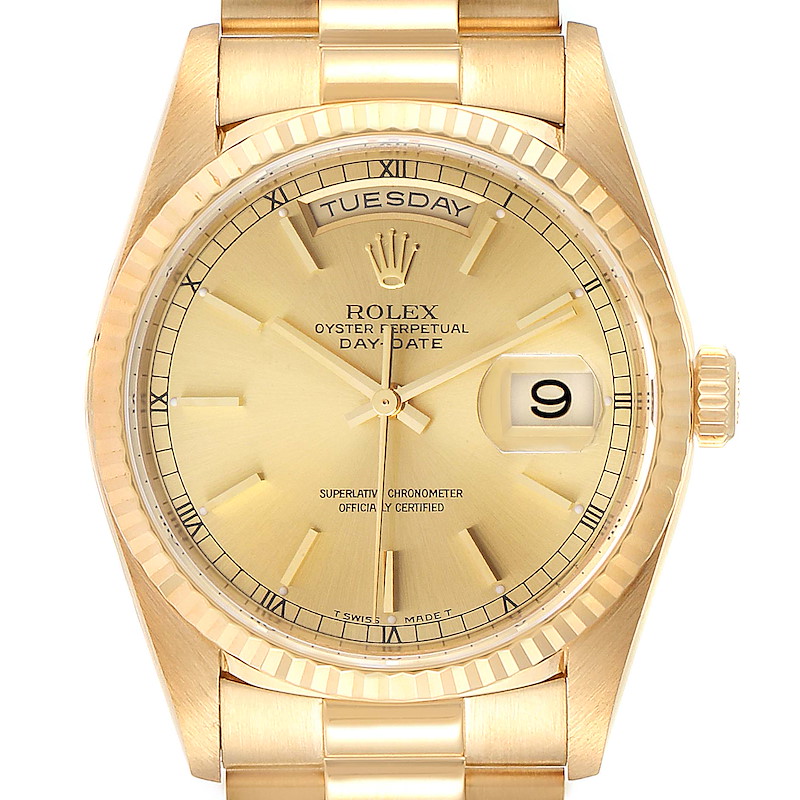 The image shows a front view of the Rolex President model displaying the dial, bezel, crown, and part of the bracelet.