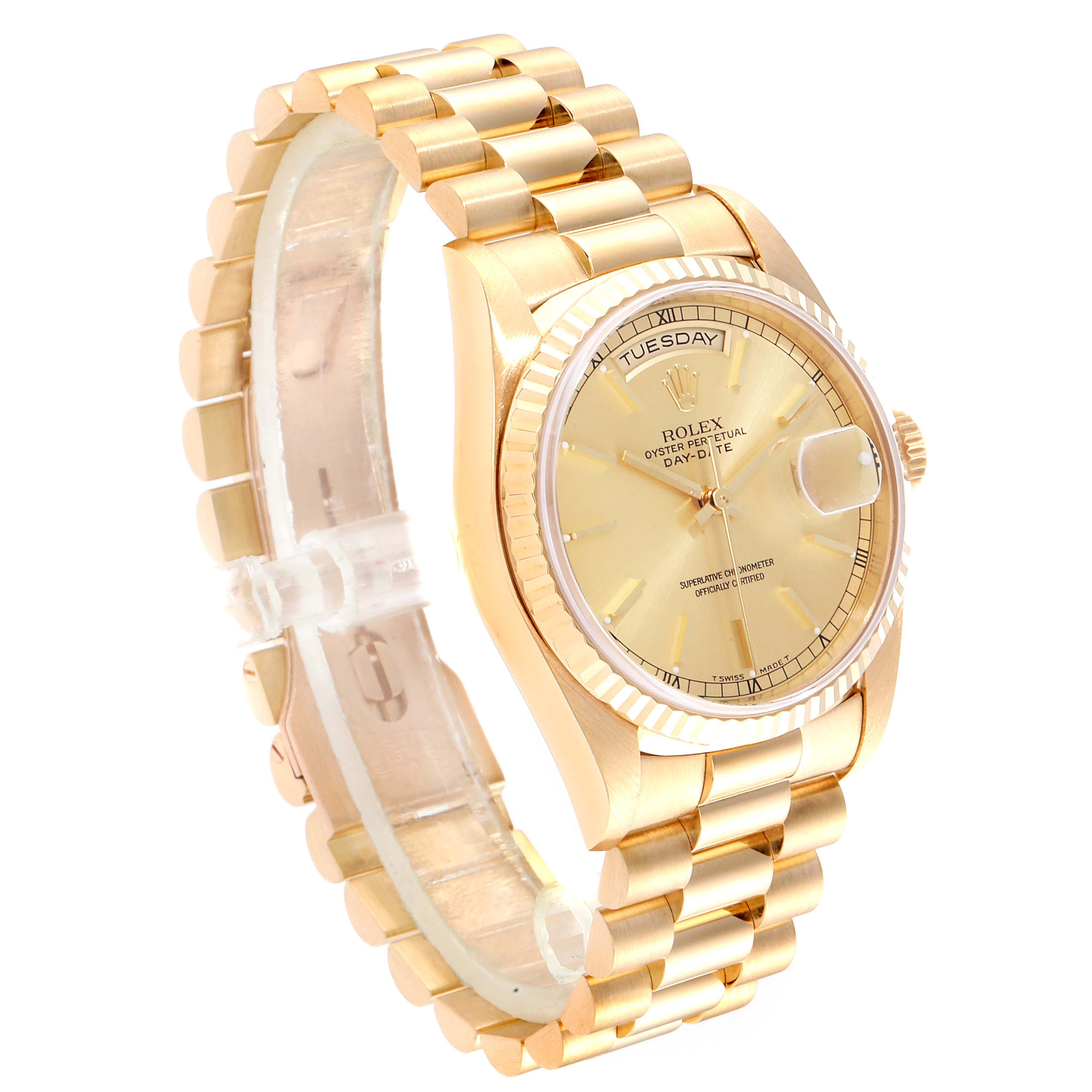 The image shows a side angle of the Rolex President 18238 Men
s Yellow Gold Champagne Dial 18238 Men
s Yellow Gold Champagne Dial model, highlighting the bracelet, case, crown, and watch face.