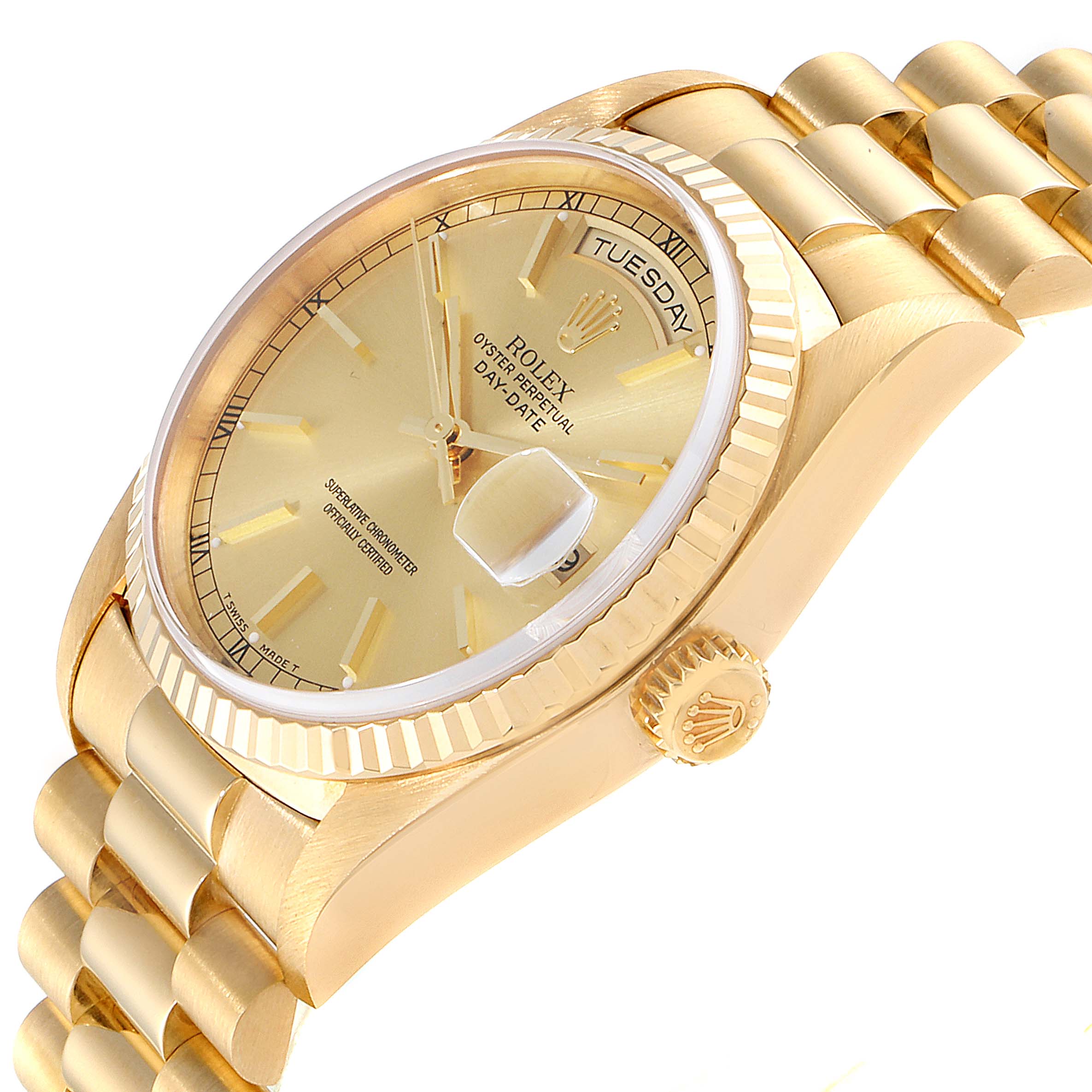 This image shows a side angle of the Rolex President 18238 Men
s Yellow Gold Champagne Dial 18238 Men
s Yellow Gold Champagne Dial model watch, highlighting the dial, bezel, crown, and part of the bracelet.
