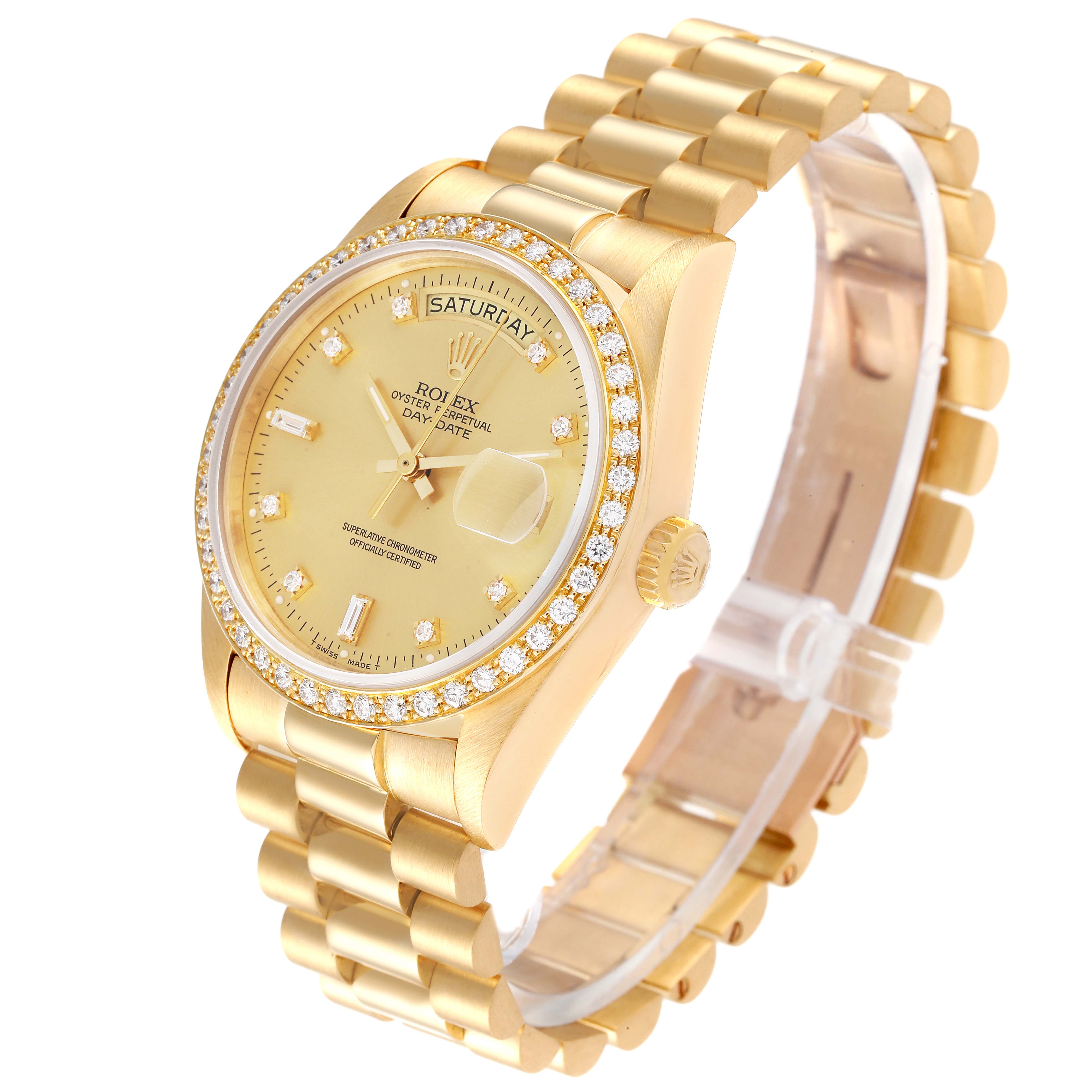 The Rolex President 18048 Men
s Yellow Gold Champagne Dial 18048 Men
s Yellow Gold Champagne Dial model watch is shown at an angled side view, highlighting its gold bracelet, bezel, and dial.