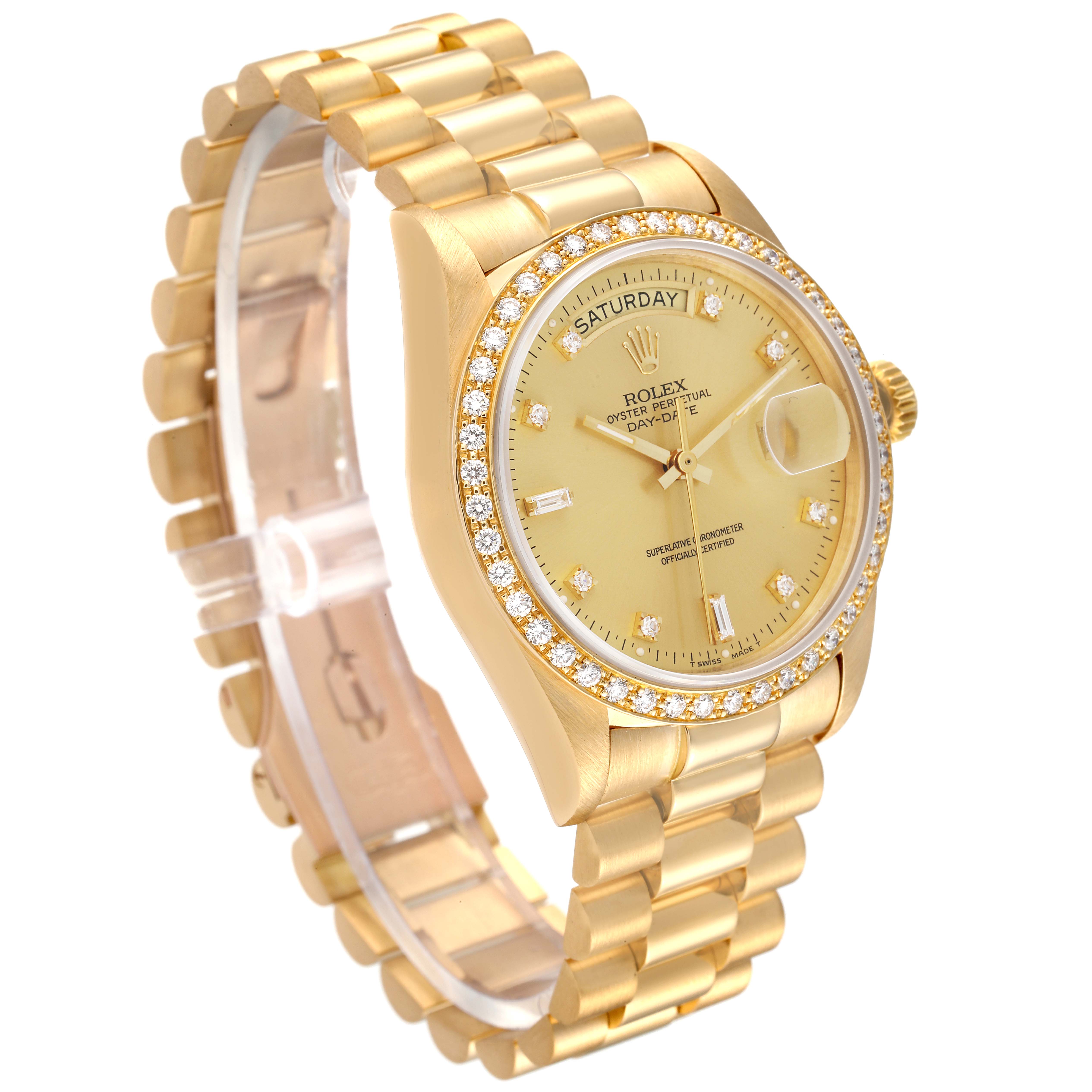 The image shows a side and front angle view of the Rolex President 18048 Men
s Yellow Gold Champagne Dial 18048 Men
s Yellow Gold Champagne Dial model watch, highlighting its gold band and diamond-encrusted bezel.