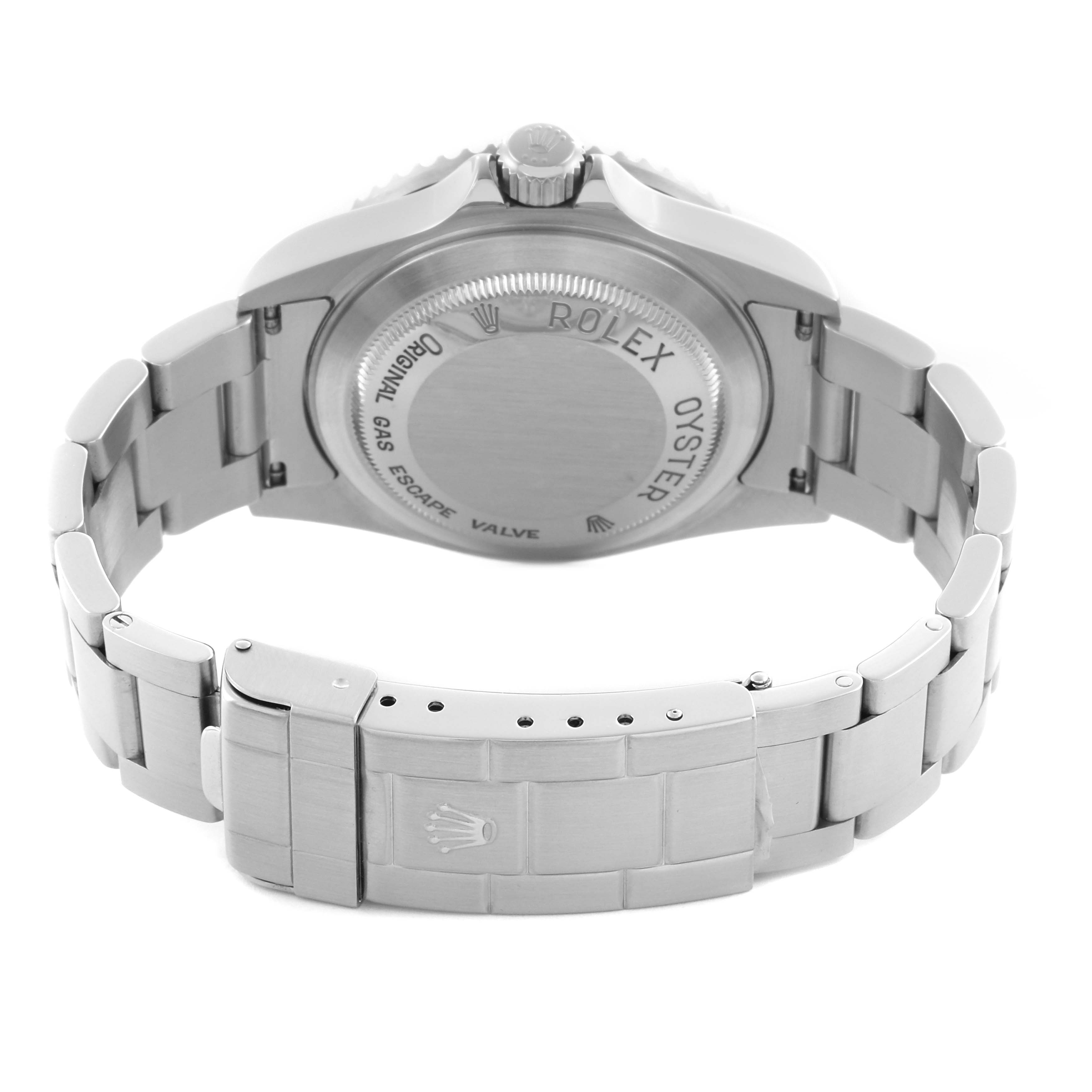 The image shows the back of a Rolex Sea-Dweller 16600 Men's Stainless Steel Black Dial watch, highlighting its case back and bracelet with the clasp open.