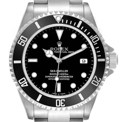 The Rolex Sea-Dweller 16600 Men's Stainless Steel Black Dial watch is shown from a front angle, highlighting the face, bezel, and crown details.
