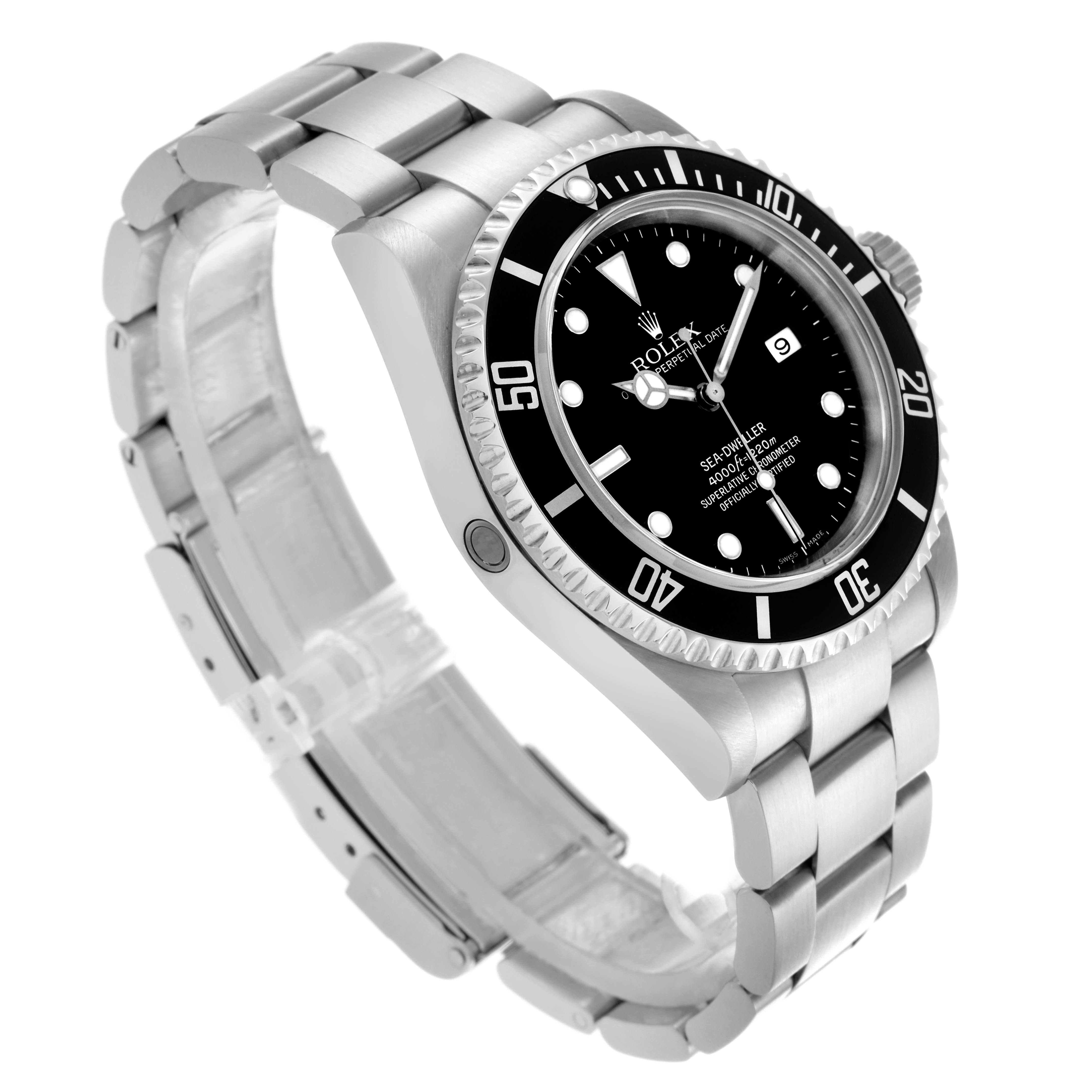 The Rolex Sea-Dweller 16600 Men's Stainless Steel Black Dial watch is shown at an angle displaying the face, bezel, case, and part of the bracelet.