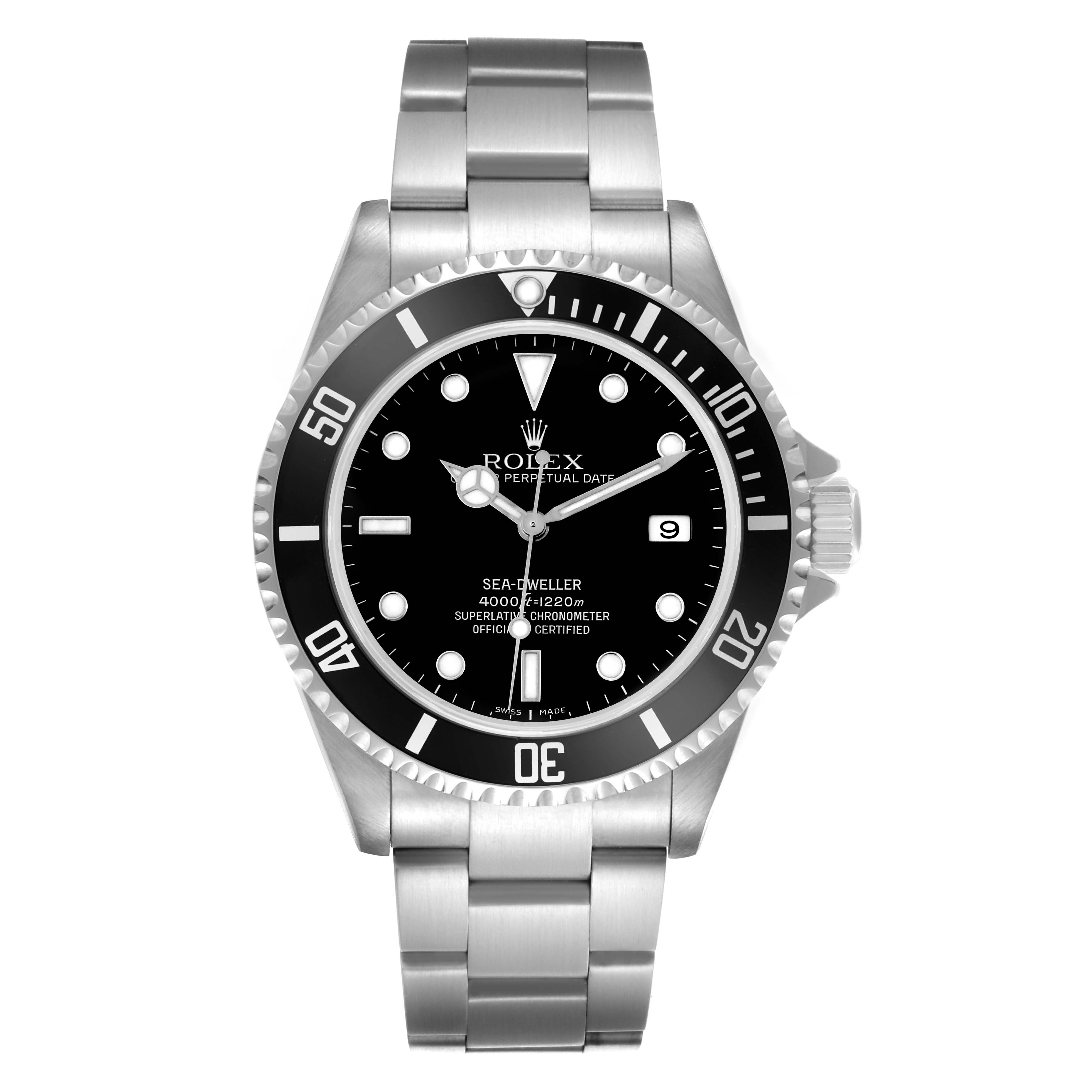 The Rolex Sea-Dweller 16600 Men's Stainless Steel Black Dial watch is shown from the front, displaying its dial, bezel, bracelet, and date window.