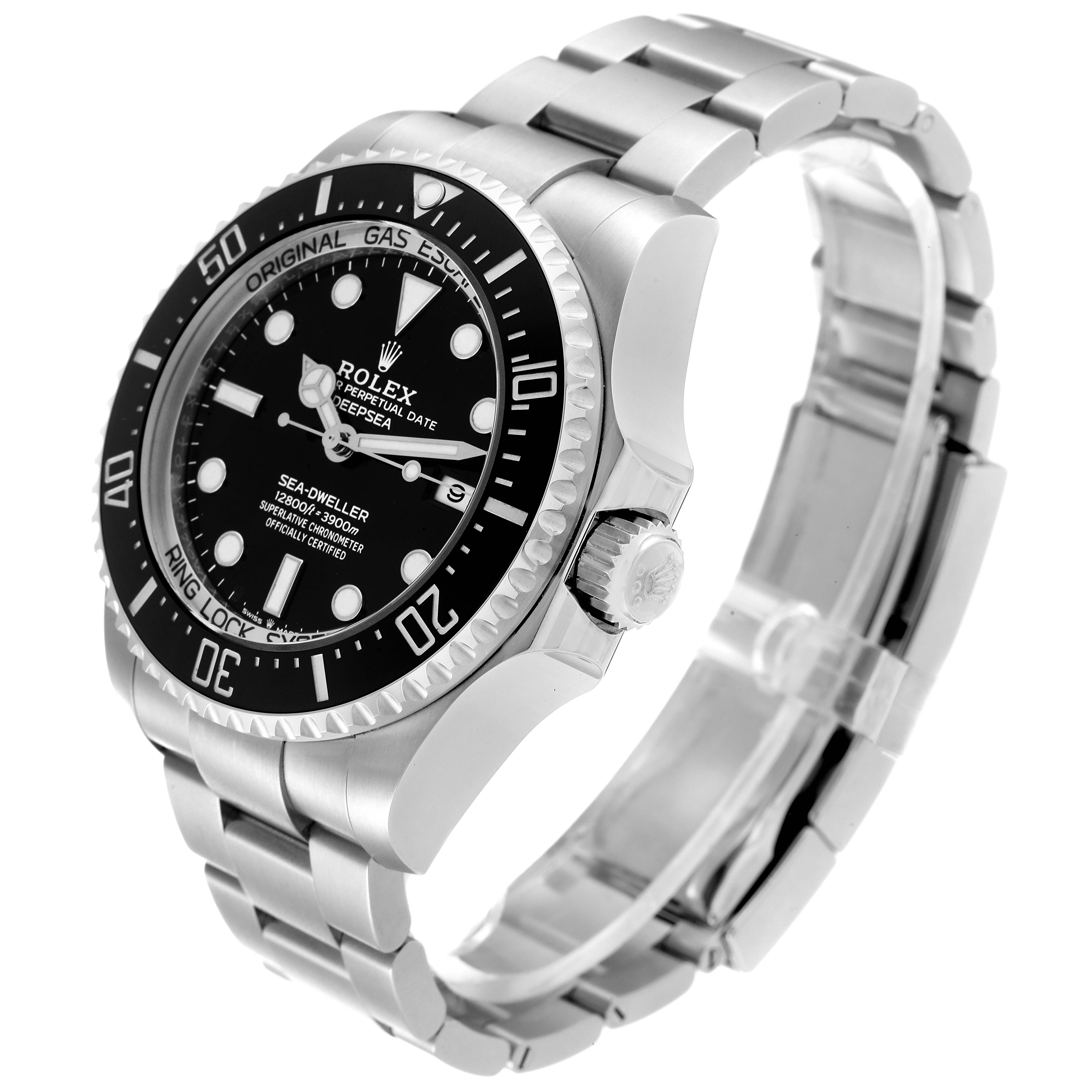 The image shows a side angle view of the Rolex Sea-Dweller 126660 Men's Stainless Steel Black Dial 126660 Men's Stainless Steel Black Dial watch, highlighting its bezel, dial, and bracelet.