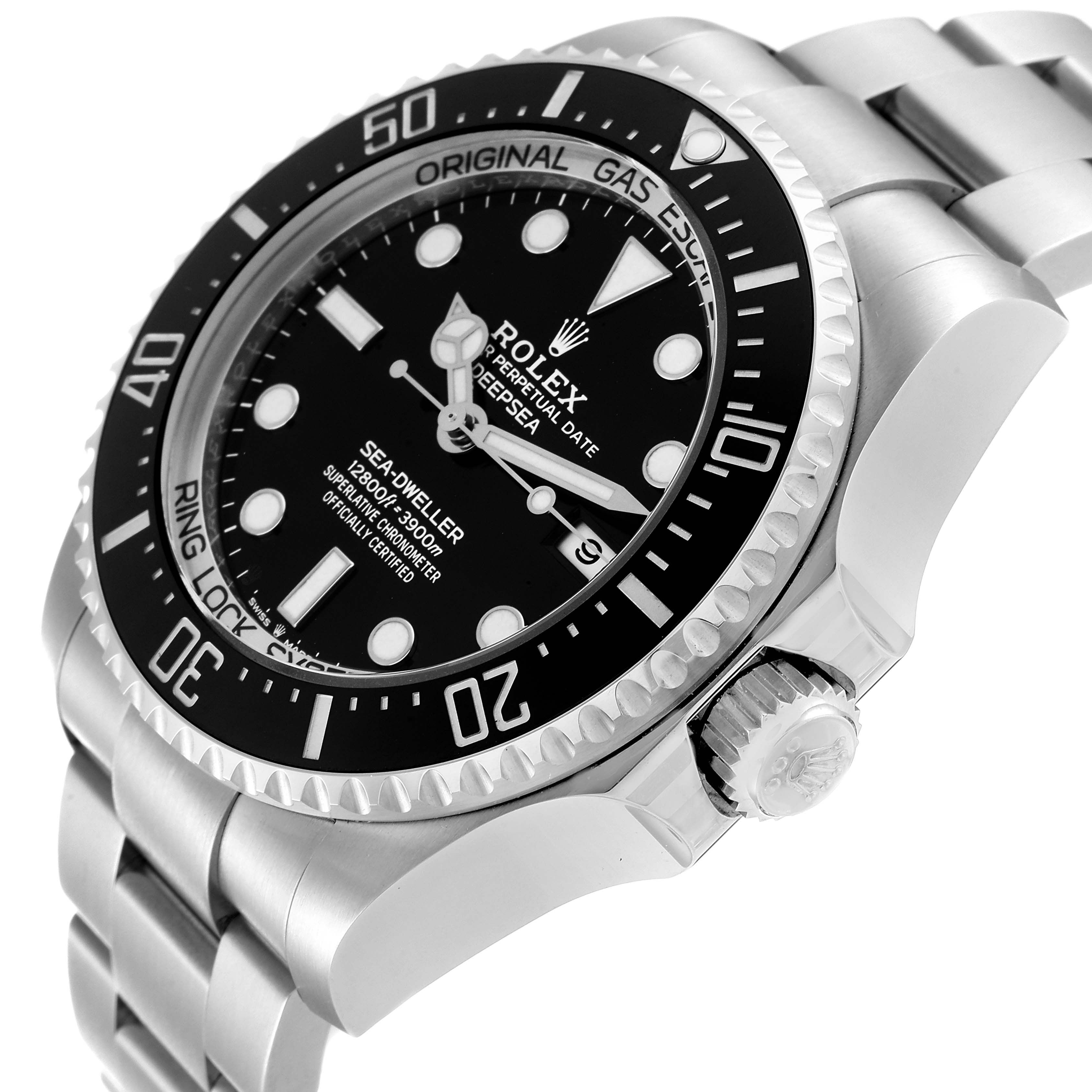 The image shows a side angle of the Rolex Sea-Dweller 126660 Men's Stainless Steel Black Dial 126660 Men's Stainless Steel Black Dial, highlighting its bezel, crown, and portion of the bracelet.
