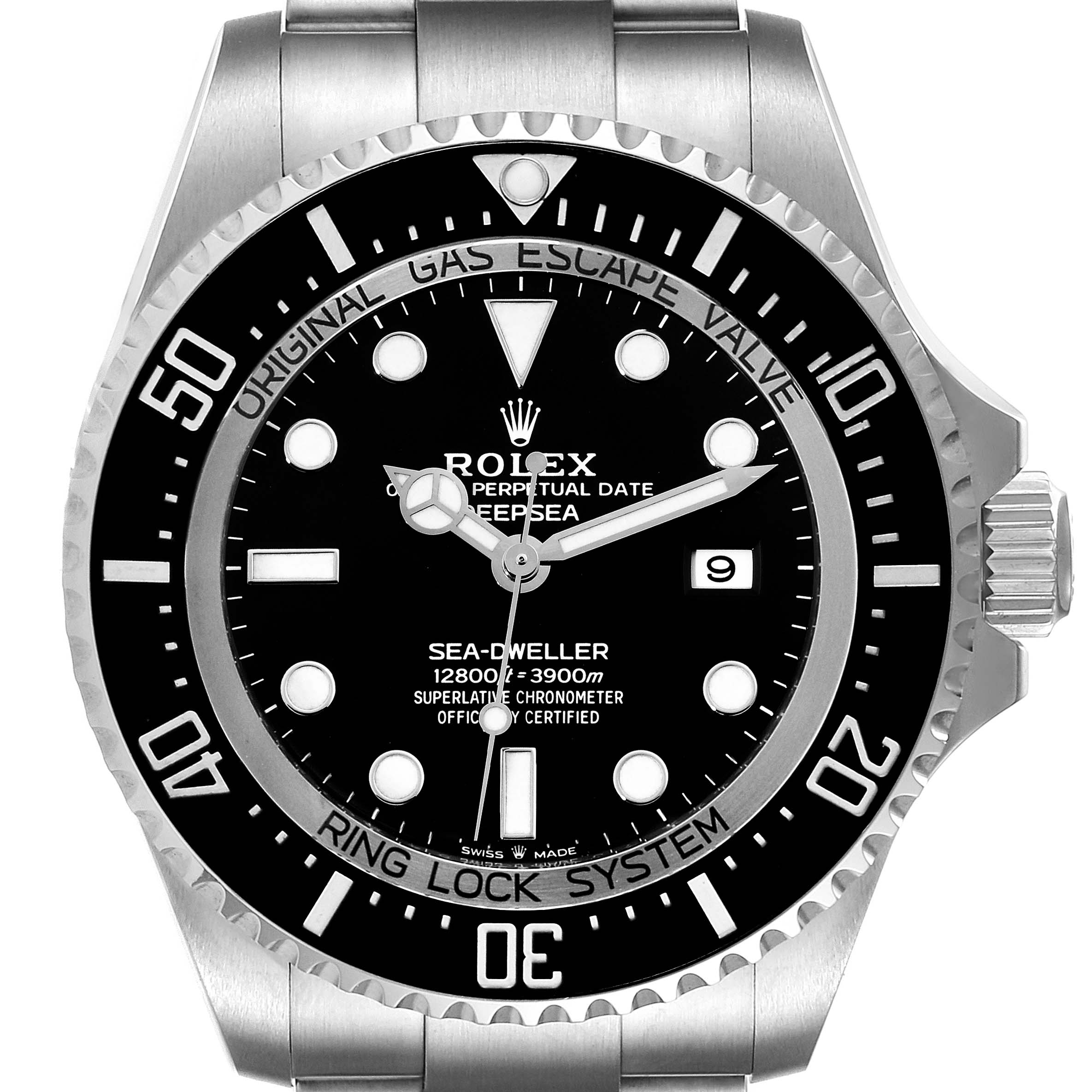 The image shows a front view of a Rolex Sea-Dweller 126660 Men's Stainless Steel Black Dial 126660 Men's Stainless Steel Black Dial watch, highlighting its dial, bezel, and crown.