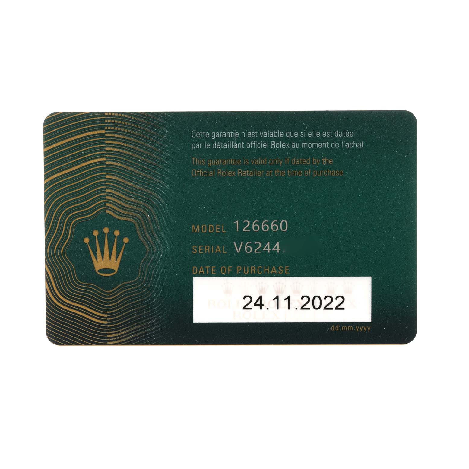 The image shows the warranty card for a Rolex Sea-Dweller 126660 Men's Stainless Steel Black Dial 126660 Men's Stainless Steel Black Dial model 126660, featuring the purchase date.
