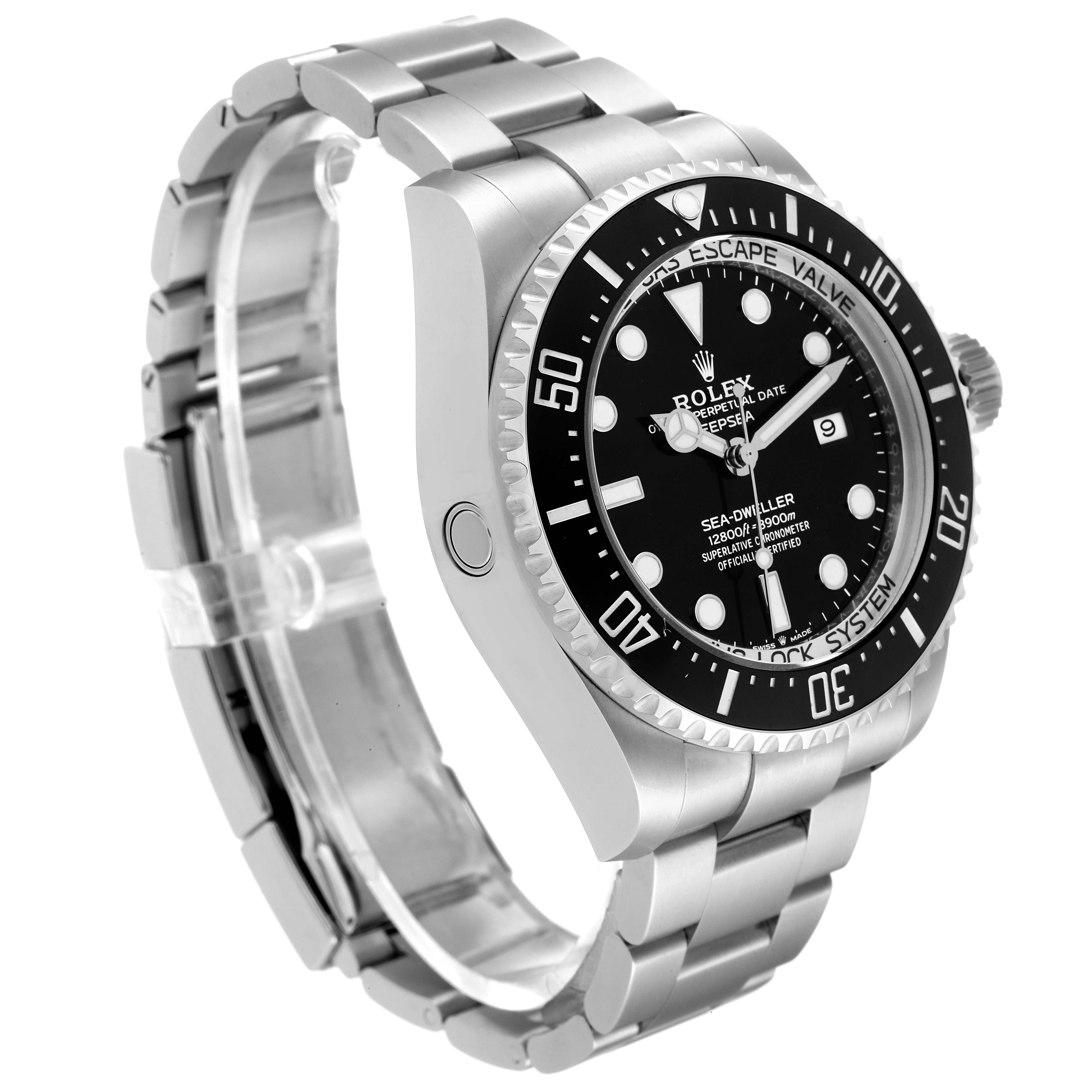 The image shows a side view of the Rolex Sea-Dweller 126660 Men's Stainless Steel Black Dial 126660 Men's Stainless Steel Black Dial watch, highlighting the bracelet, bezel, dial, and helium escape valve.
