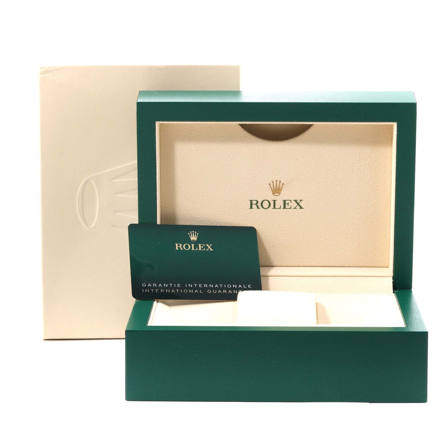 The image shows the box and warranty card for a Rolex Sea-Dweller 126660 Men's Stainless Steel Black Dial 126660 Men's Stainless Steel Black Dial watch, viewed from the front.