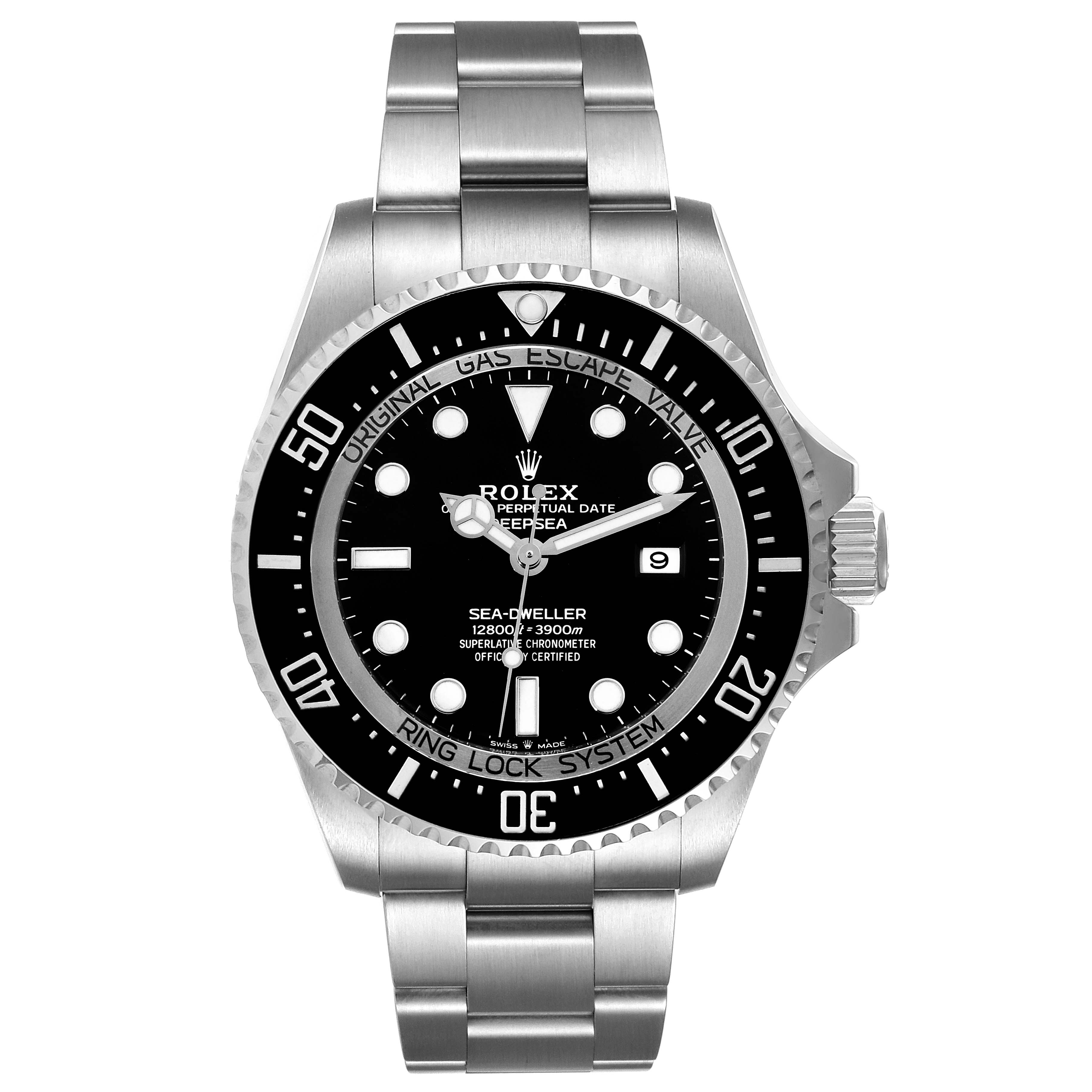 The image shows a front view of a Rolex Sea-Dweller 126660 Men's Stainless Steel Black Dial 126660 Men's Stainless Steel Black Dial watch, featuring its bezel, dial, and bracelet.