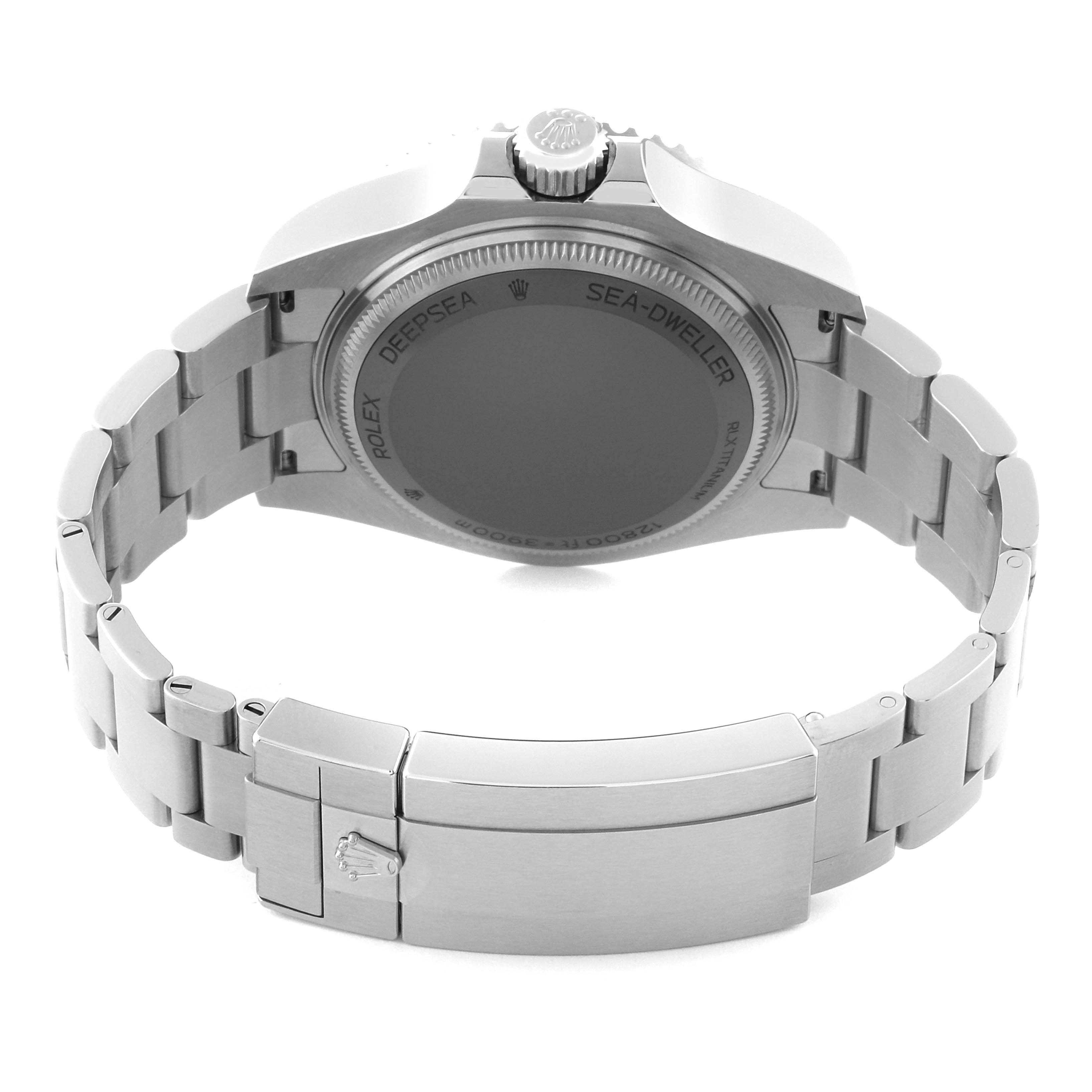 This image shows the back view of the Rolex Sea-Dweller 136660 Men's Stainless Steel Black Dial 136660 Men's Stainless Steel Black Dial watch, highlighting its case back, bracelet, and clasp.