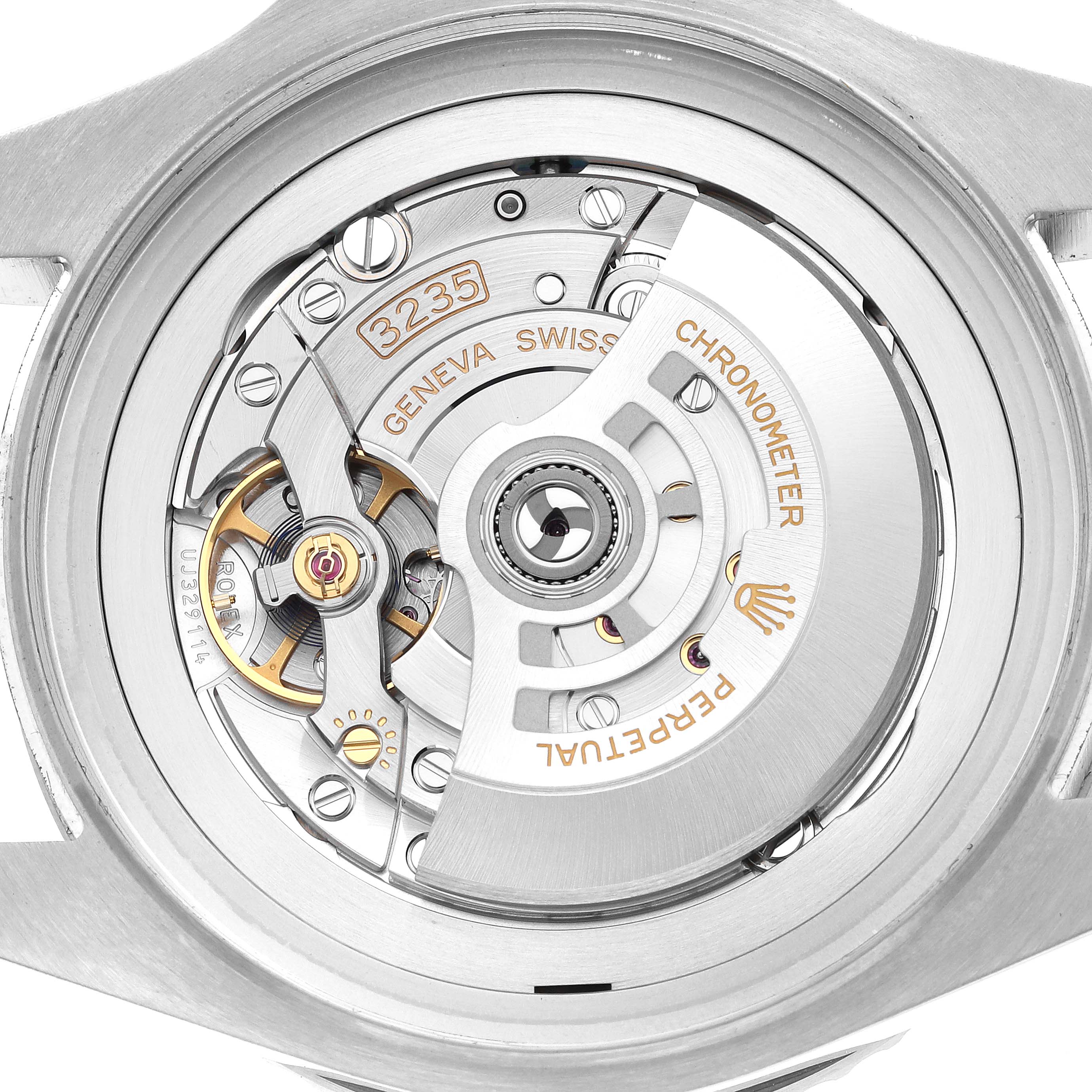 This image shows the movement mechanism of a Rolex Sea-Dweller 136660 Men's Stainless Steel Black Dial 136660 Men's Stainless Steel Black Dial watch from a rear view angle.