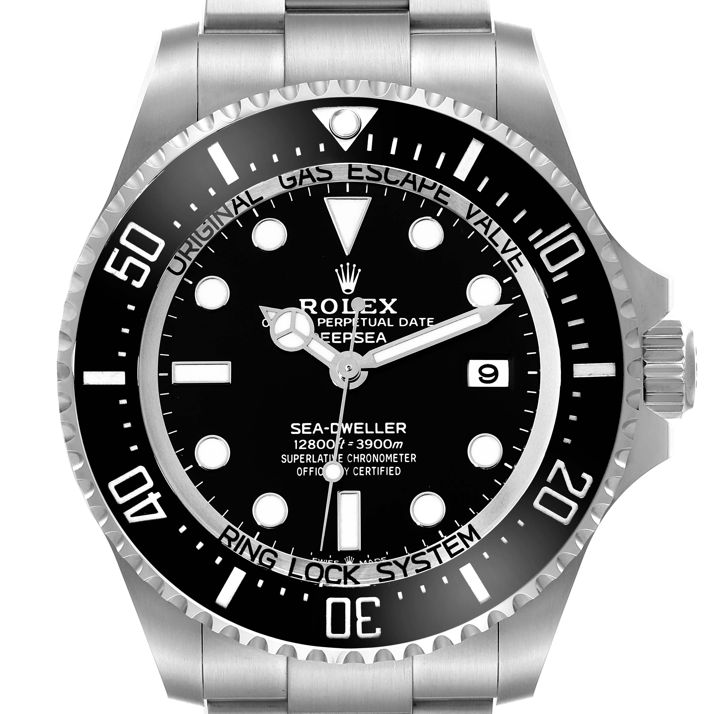 The image shows a front view of the Rolex Sea-Dweller 136660 Men's Stainless Steel Black Dial 136660 Men's Stainless Steel Black Dial watch, displaying its face, bezel, and part of the metal bracelet.
