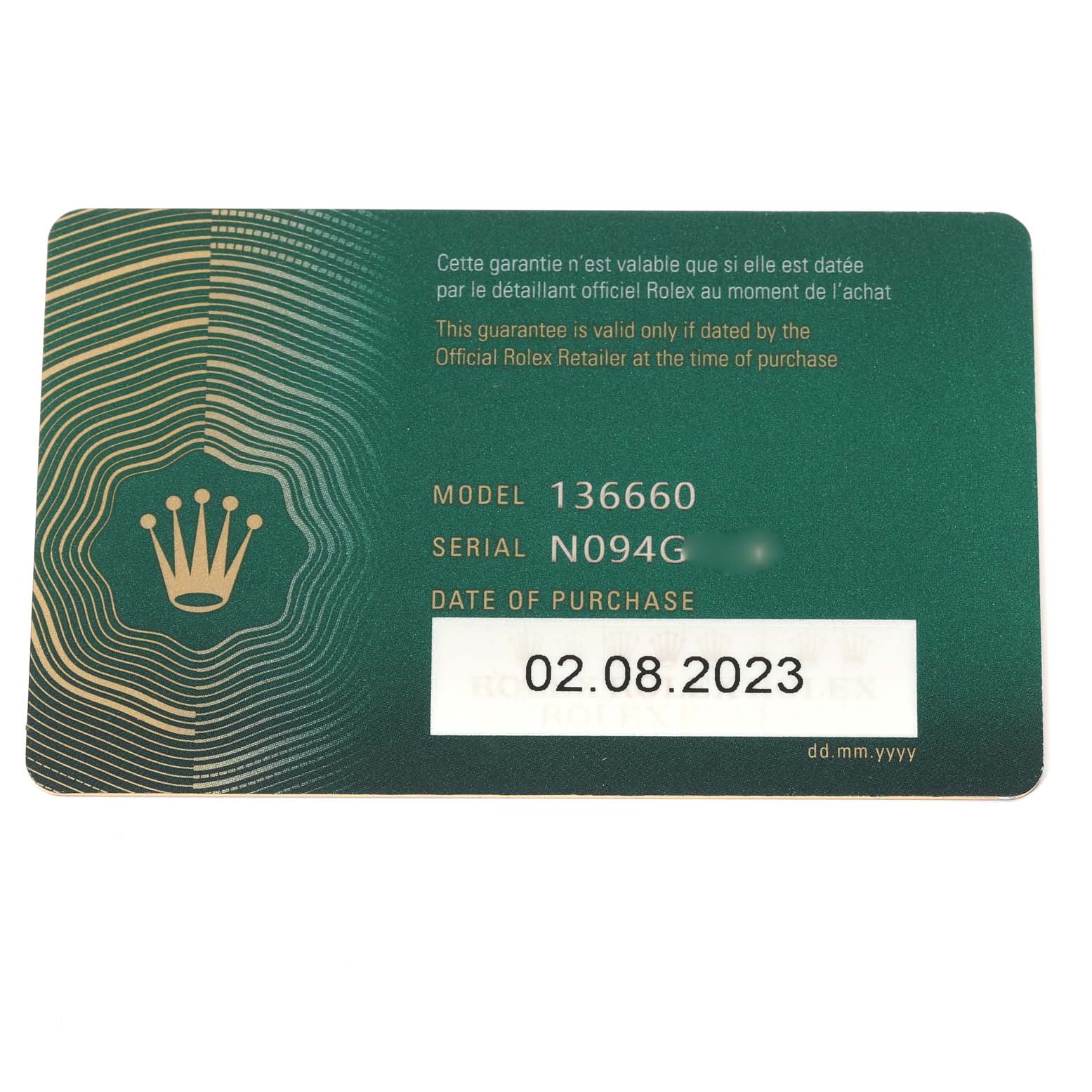 This image shows a warranty card for the Rolex Sea-Dweller 136660 Men's Stainless Steel Black Dial 136660 Men's Stainless Steel Black Dial model 136660, indicating the serial number and date of purchase.