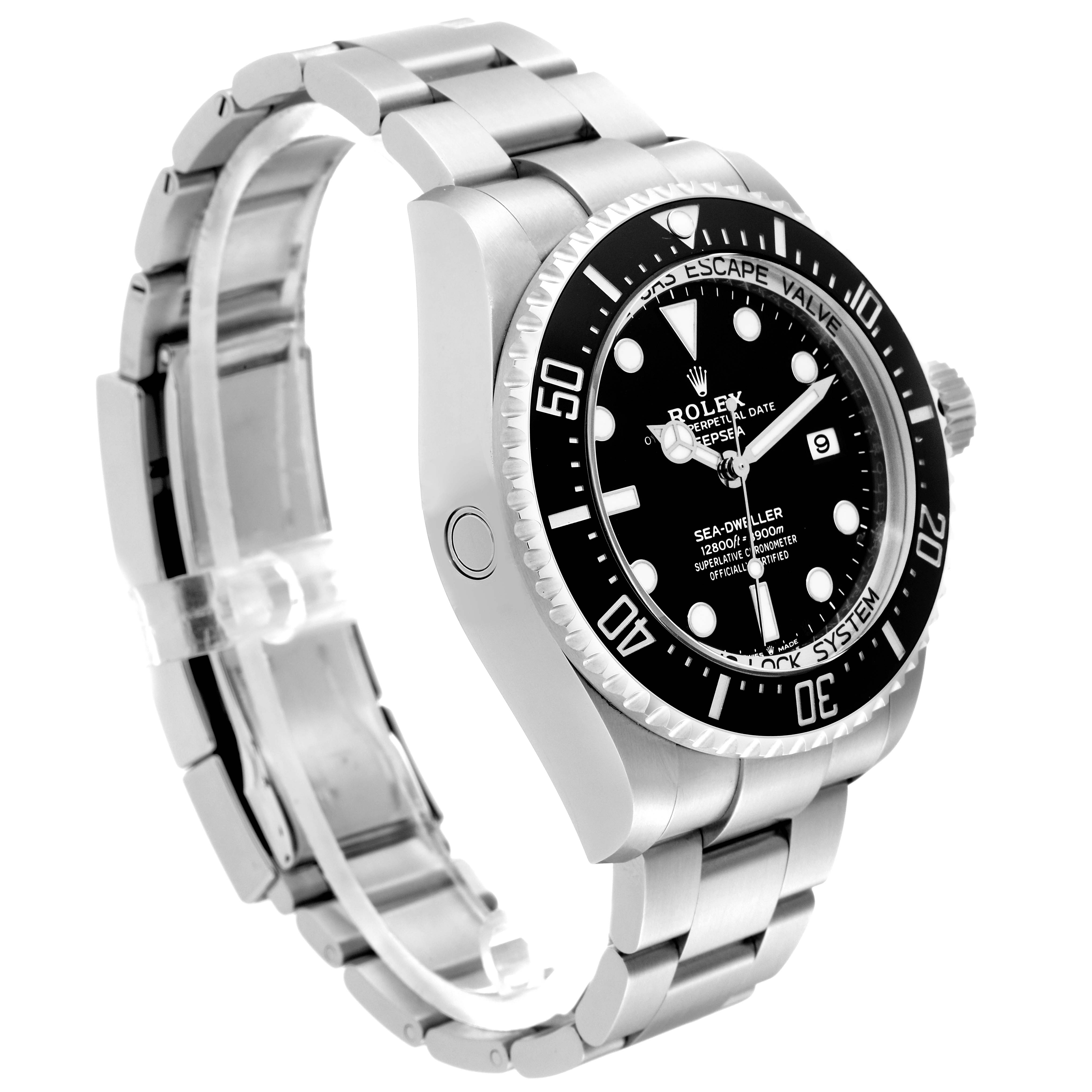 This image shows a side view of the Rolex Sea-Dweller 136660 Men's Stainless Steel Black Dial 136660 Men's Stainless Steel Black Dial watch, highlighting its bracelet, bezel, and crown.
