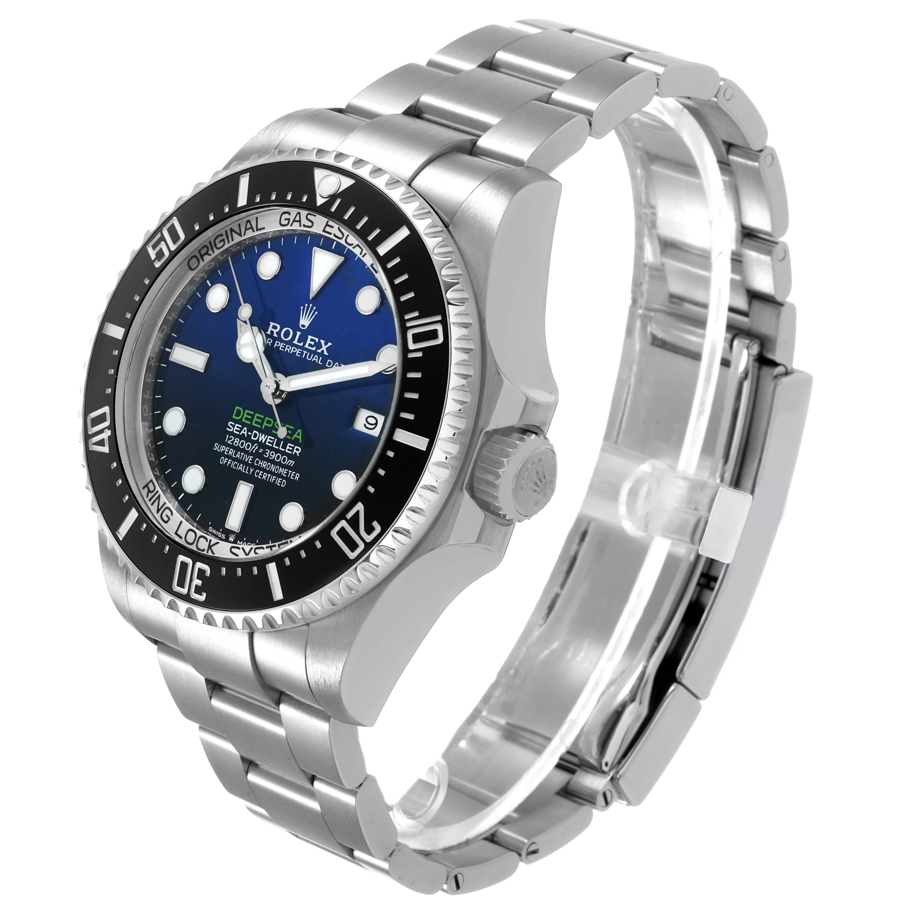 The Rolex Sea-Dweller 126660 Men's Stainless Steel Blue Dial watch is shown at a three-quarter angle, highlighting the face, bezel, crown, and bracelet.