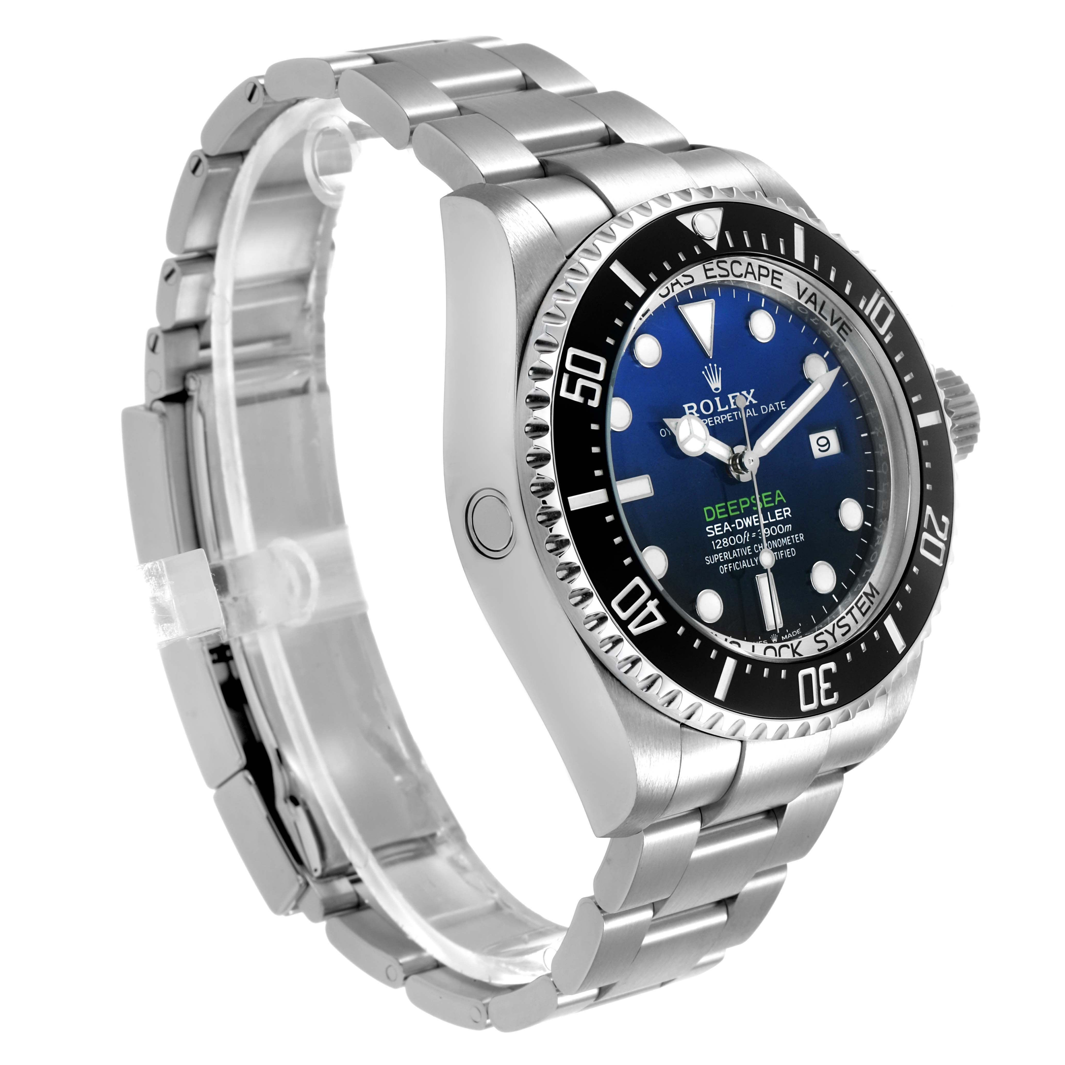 The image shows a Rolex Sea-Dweller 126660 Men's Stainless Steel Blue Dial watch at an angled side view, highlighting the case, bezel, dial, and bracelet.