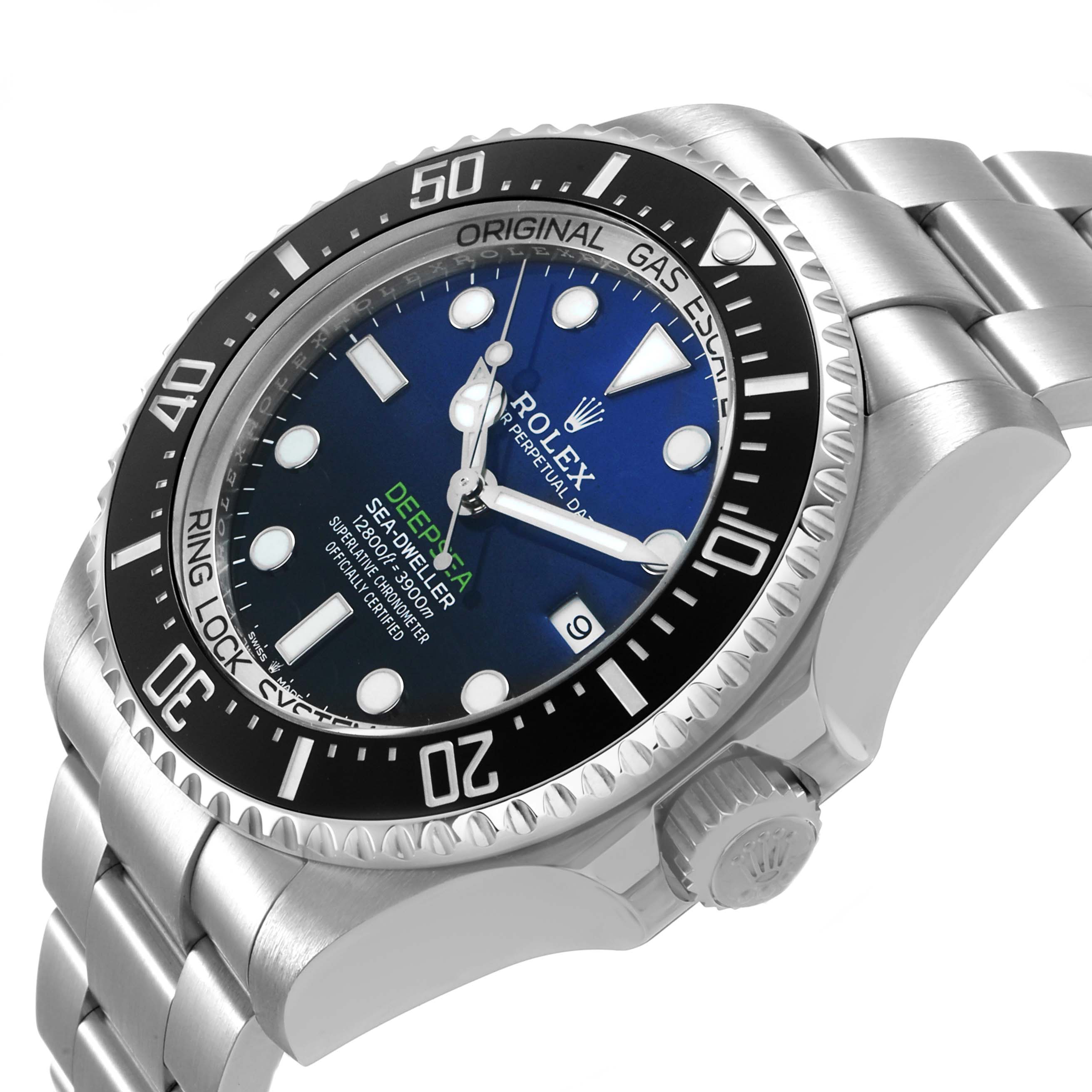 The Rolex Sea-Dweller 126660 Men's Stainless Steel Blue Dial watch is shown at an angle highlighting the dial, bezel, case, bracelet, and crown.