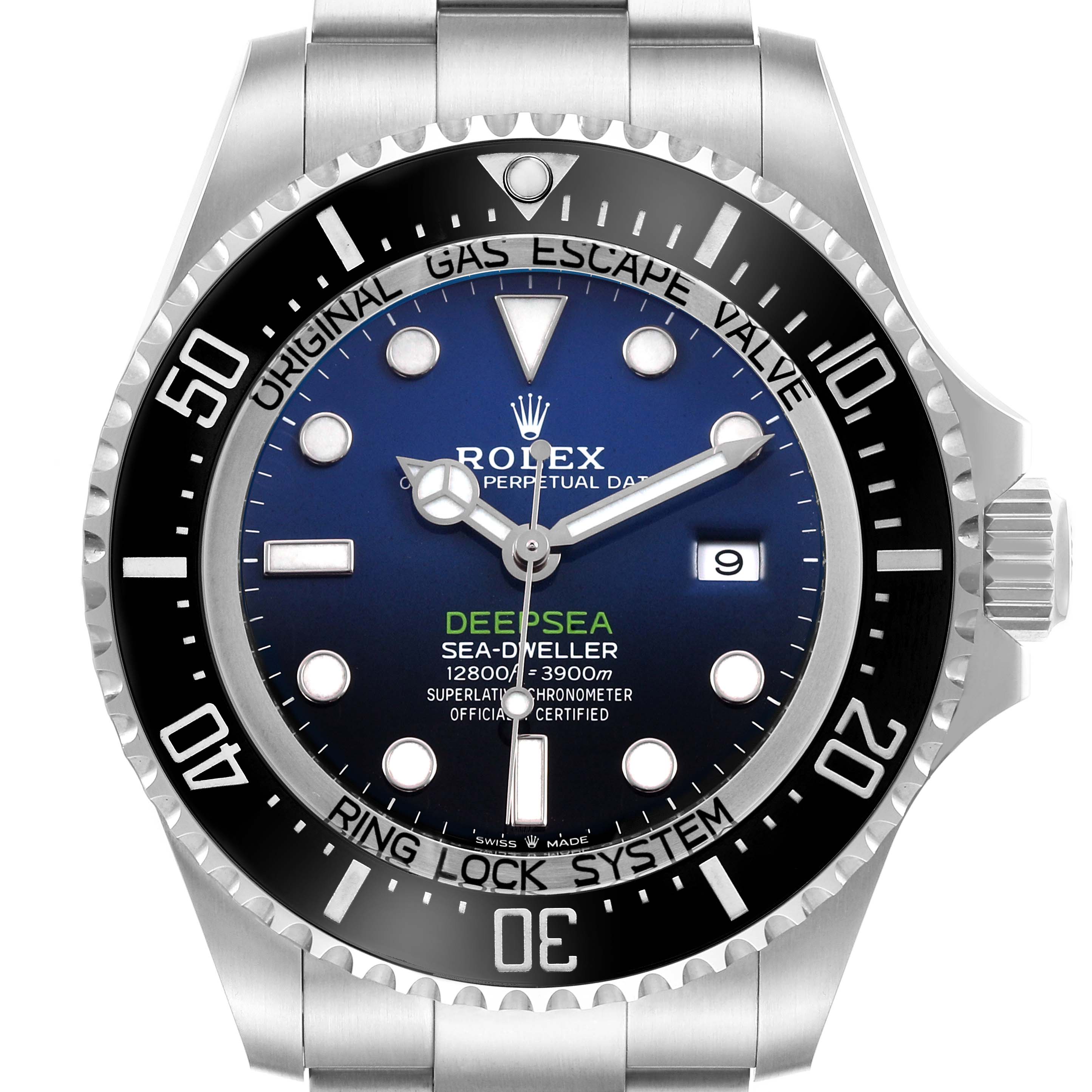 The image shows a front view of the Rolex Sea-Dweller 126660 Men's Stainless Steel Blue Dial watch, highlighting the bezel, dial, and crown.