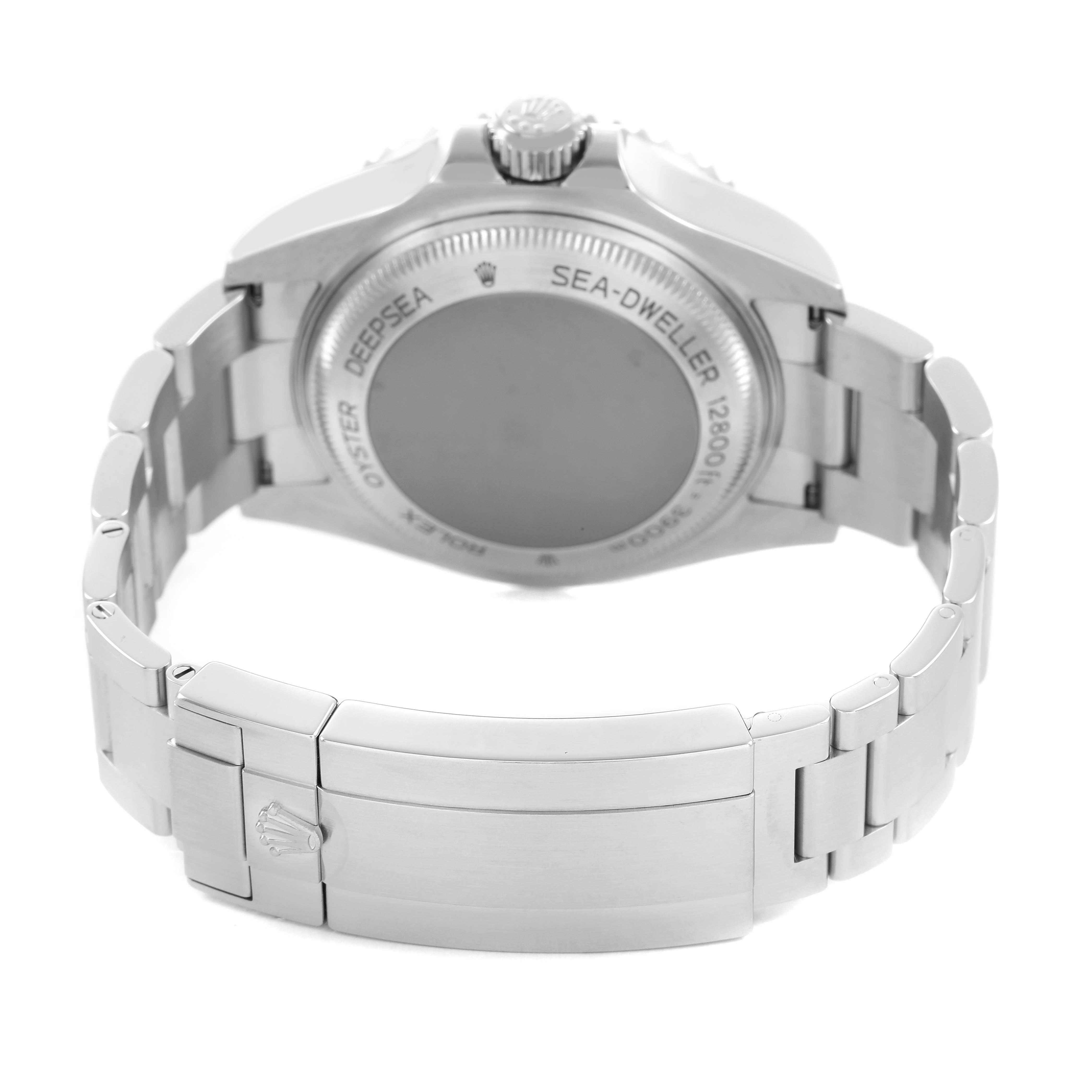 The image shows the back view of a Rolex Sea-Dweller 126660 Men's Stainless Steel Blue Dial, highlighting the caseback and bracelet clasp.