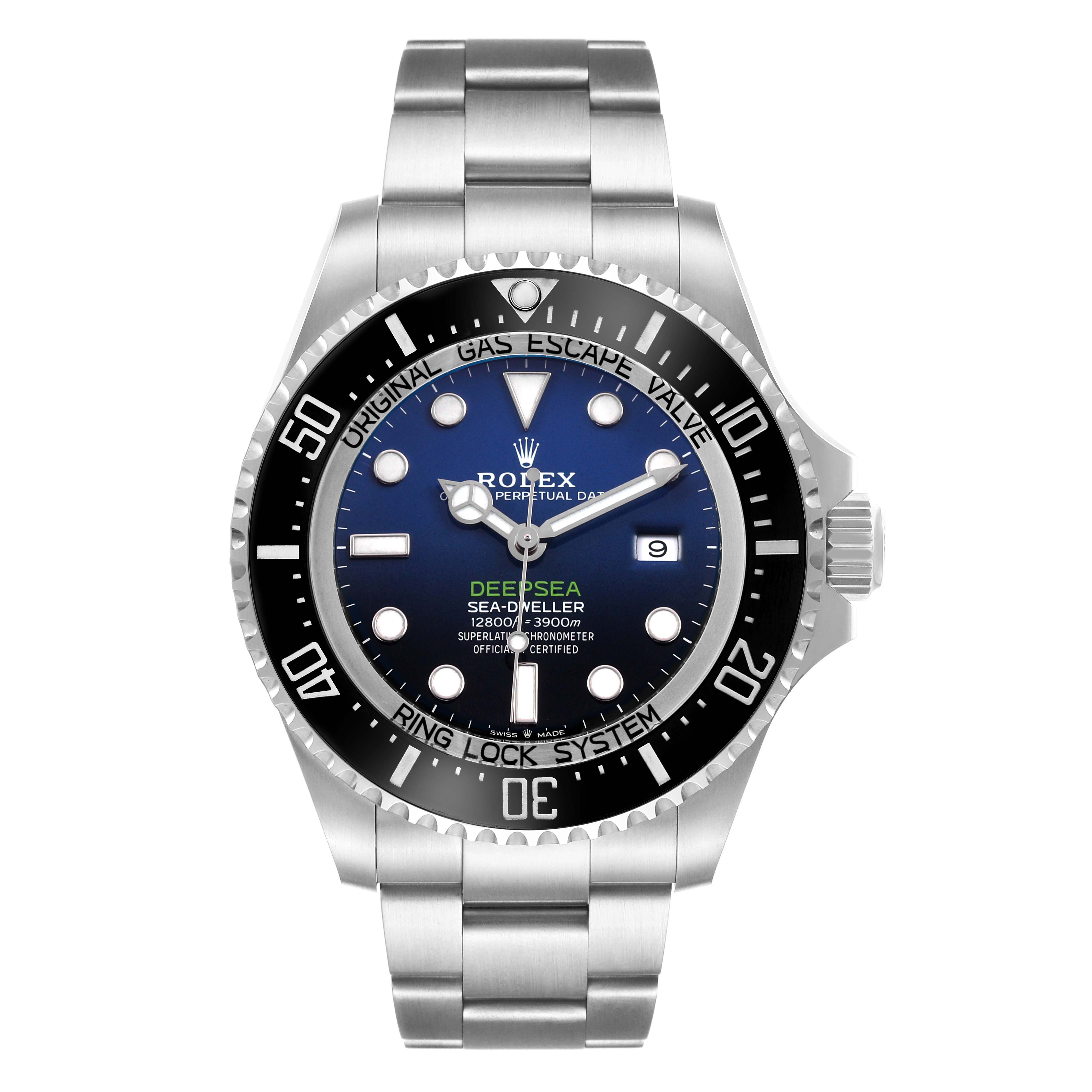 The Rolex Sea-Dweller 126660 Men's Stainless Steel Blue Dial watch is shown from a front angle, displaying its dial, bezel, and bracelet.