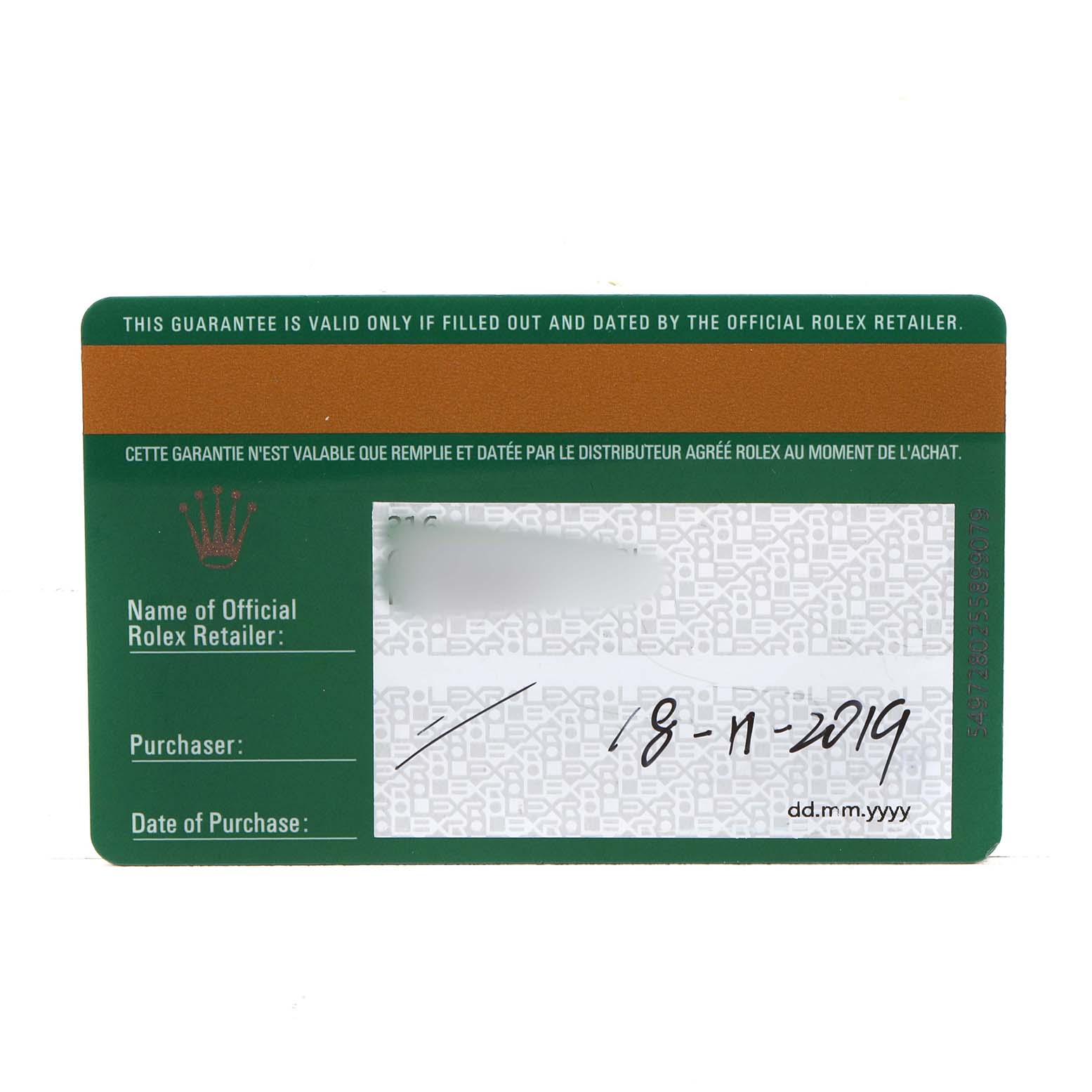 The image shows a guarantee card for a Rolex Sea-Dweller 126660 Men's Stainless Steel Blue Dial watch, including retailer and purchase date sections.