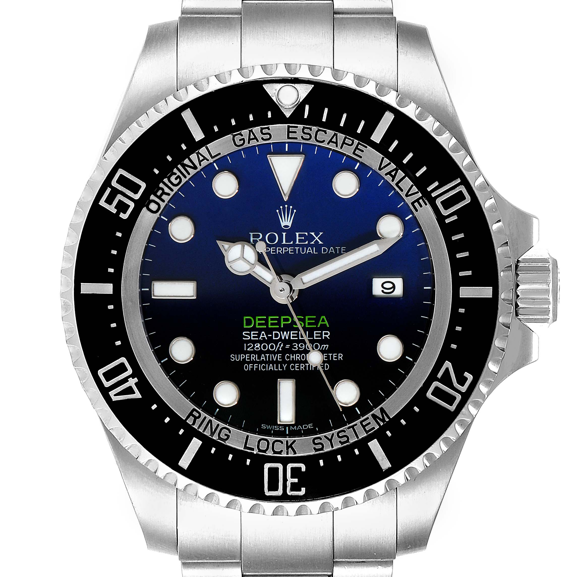 The image shows a front view of a Rolex Sea-Dweller 116660 Men's Stainless Steel Blue Dial 116660 Men's Stainless Steel Blue Dial watch, highlighting its dial, bezel, and bracelet.