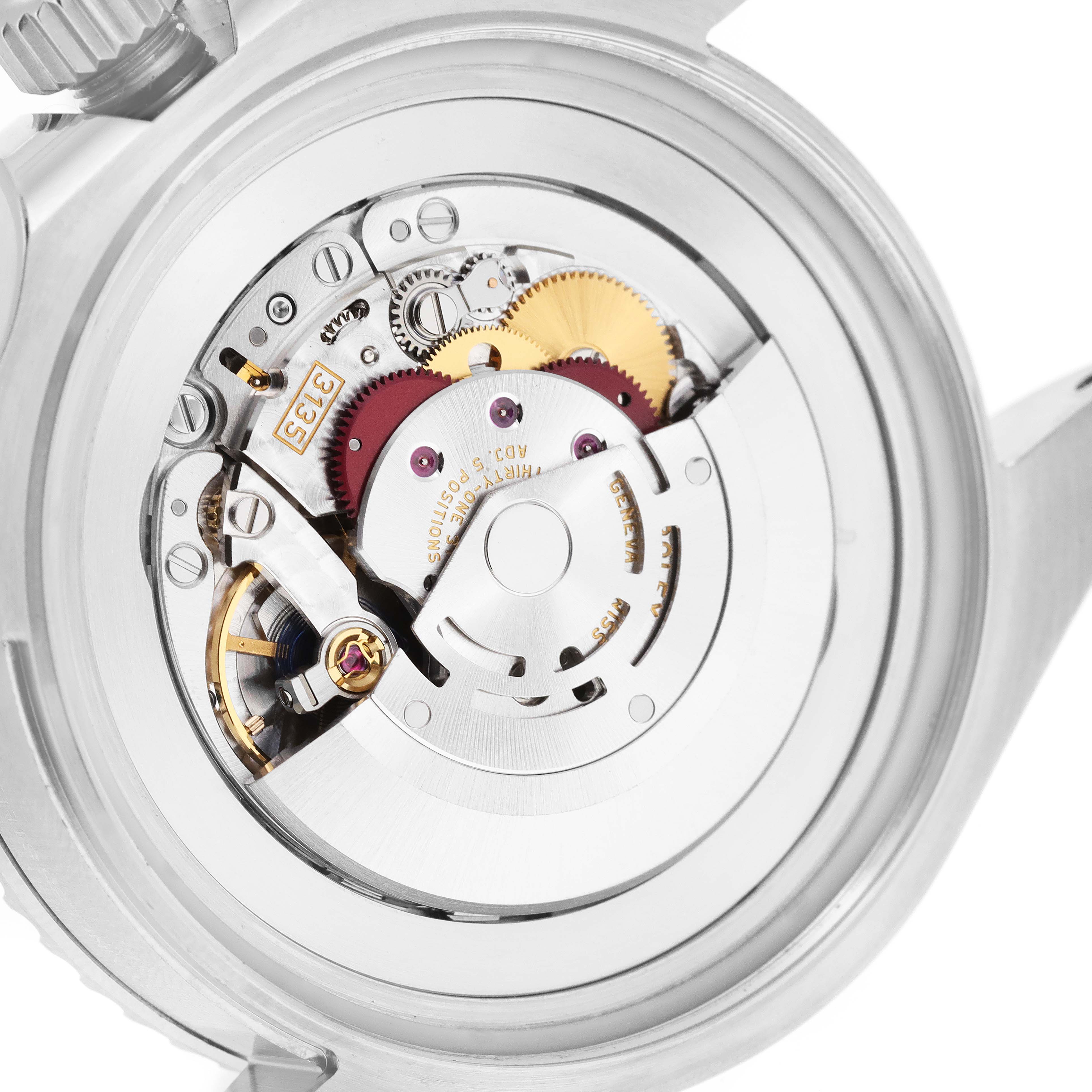 This image shows a close-up view of the movement mechanism inside a Rolex Sea-Dweller 116660 Men's Stainless Steel Blue Dial 116660 Men's Stainless Steel Blue Dial watch.