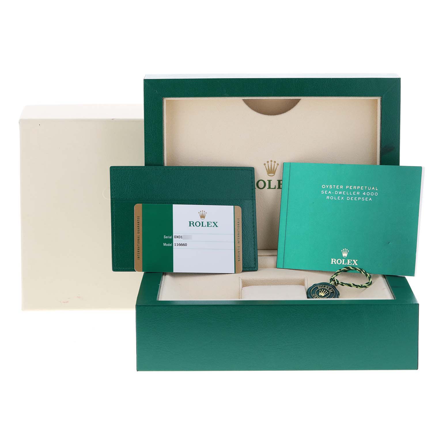 The image shows the packaging, manual, authenticity card, and accessories for the Rolex Sea-Dweller 116660 Men's Stainless Steel Blue Dial 116660 Men's Stainless Steel Blue Dial model.