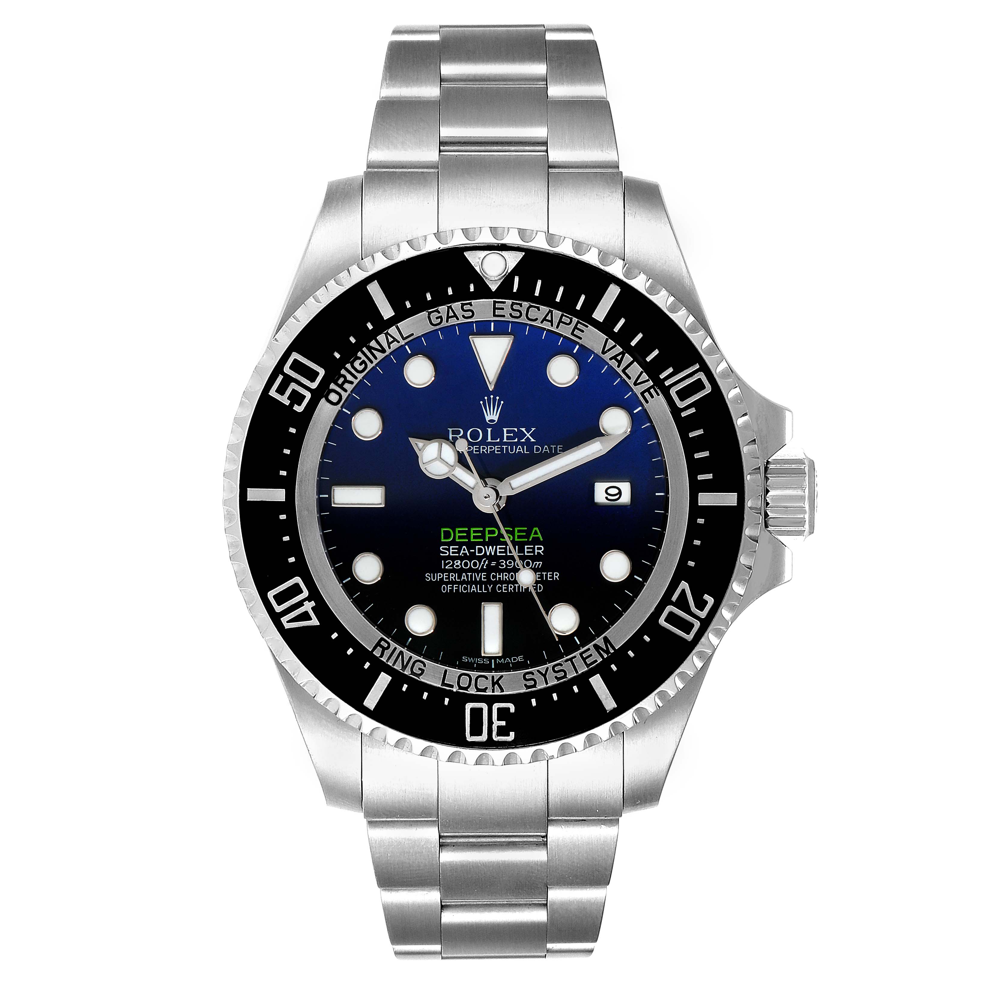This is a front view of the Rolex Sea-Dweller 116660 Men's Stainless Steel Blue Dial 116660 Men's Stainless Steel Blue Dial watch, showing its face, bezel, and bracelet.