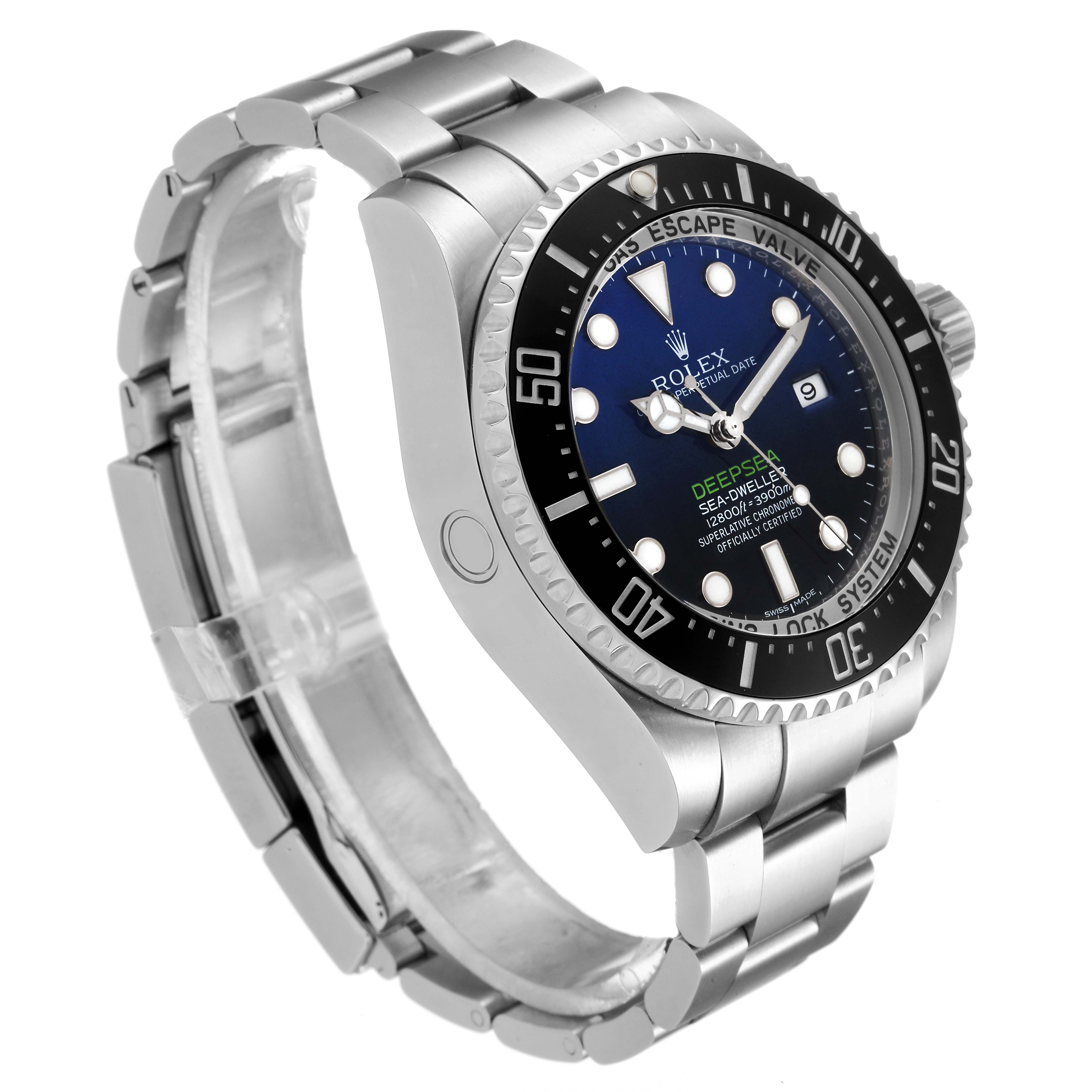 The image shows a side view of the Rolex Sea-Dweller 116660 Men's Stainless Steel Blue Dial 116660 Men's Stainless Steel Blue Dial watch, highlighting its bracelet, bezel, and dial.