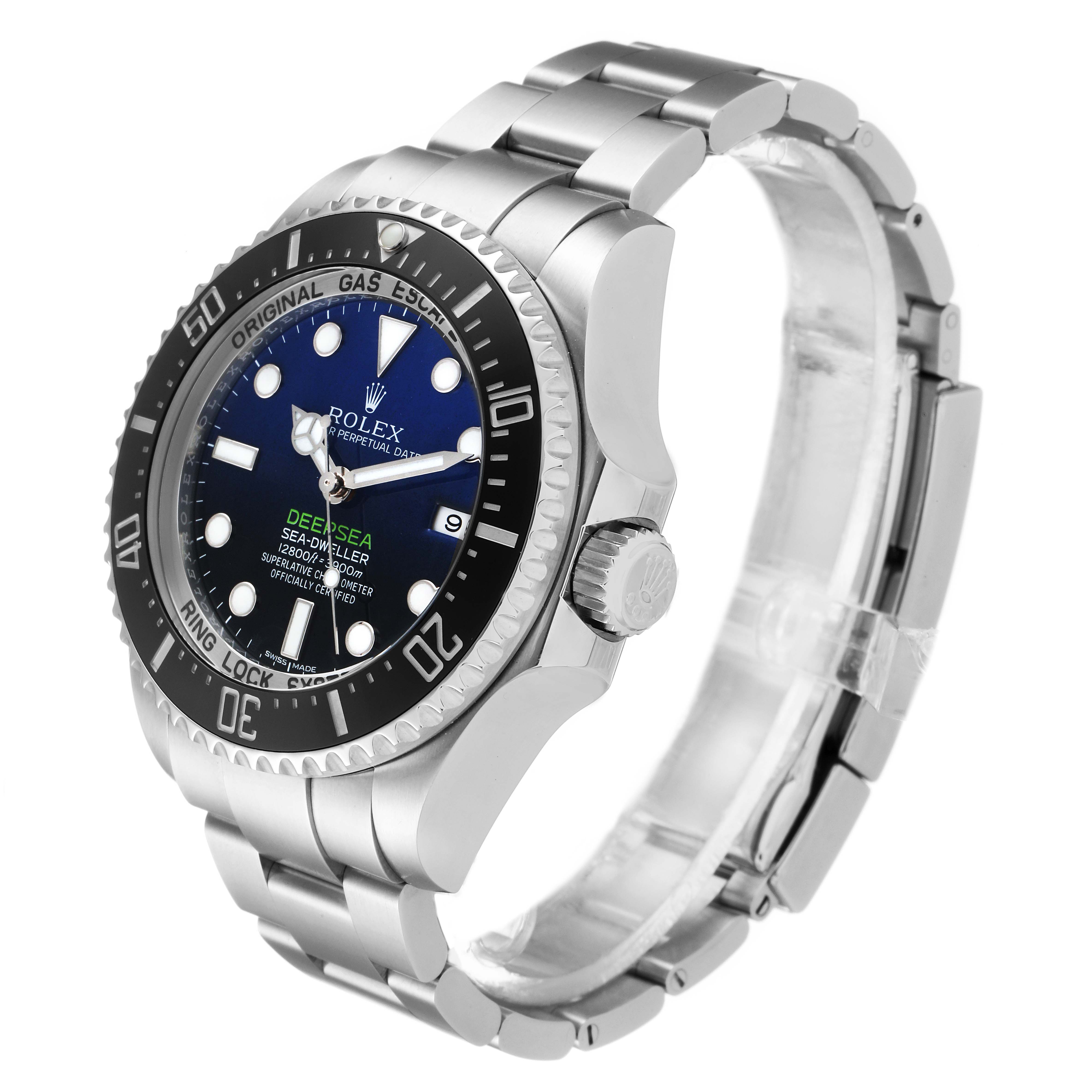The Rolex Sea-Dweller 116660 Men's Stainless Steel Blue Dial 116660 Men's Stainless Steel Blue Dial watch is shown in a three-quarter angle, highlighting the dial, bezel, and part of the bracelet.