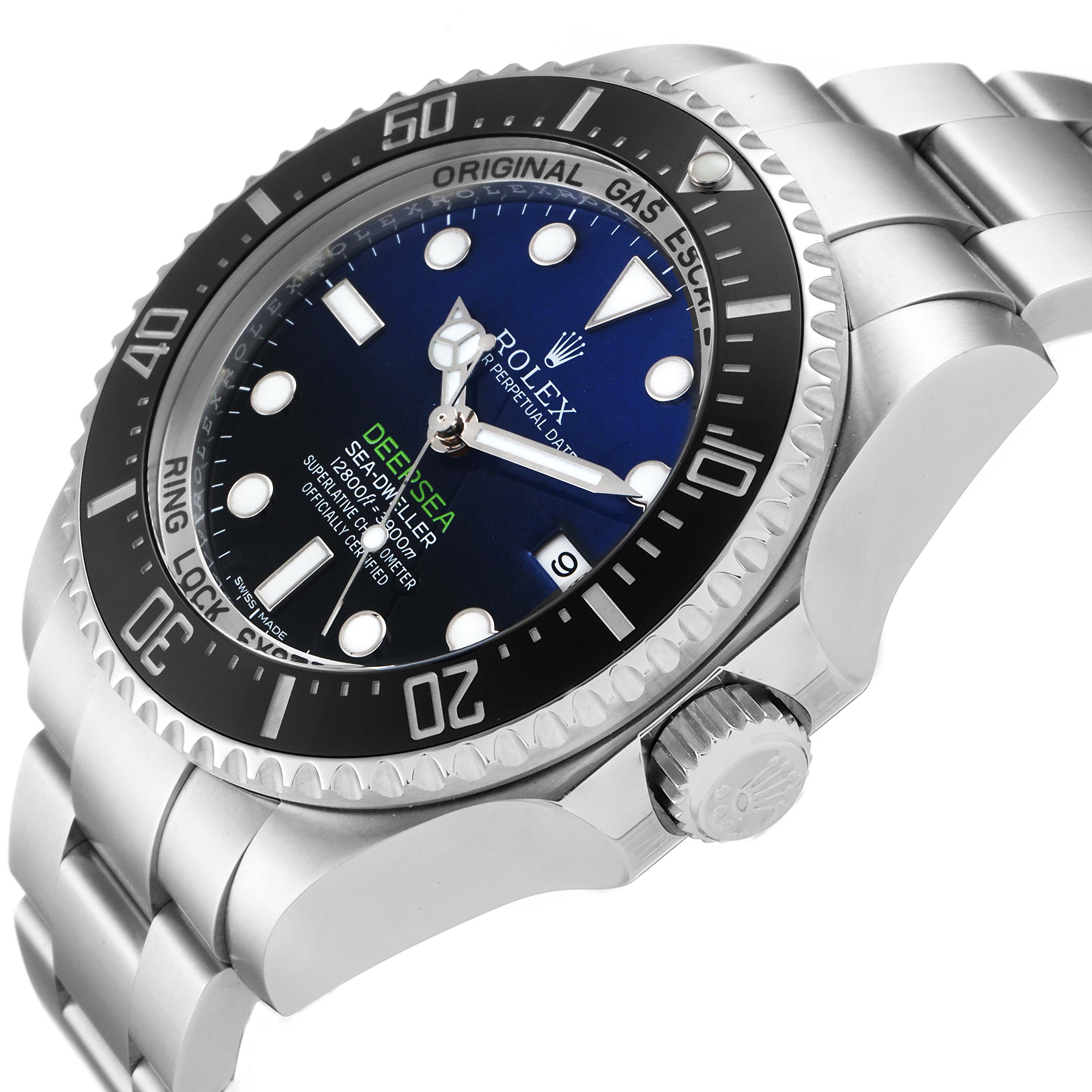 The image shows a Rolex Sea-Dweller 116660 Men's Stainless Steel Blue Dial 116660 Men's Stainless Steel Blue Dial watch angled to highlight its bezel, dial, crown, and part of the bracelet.