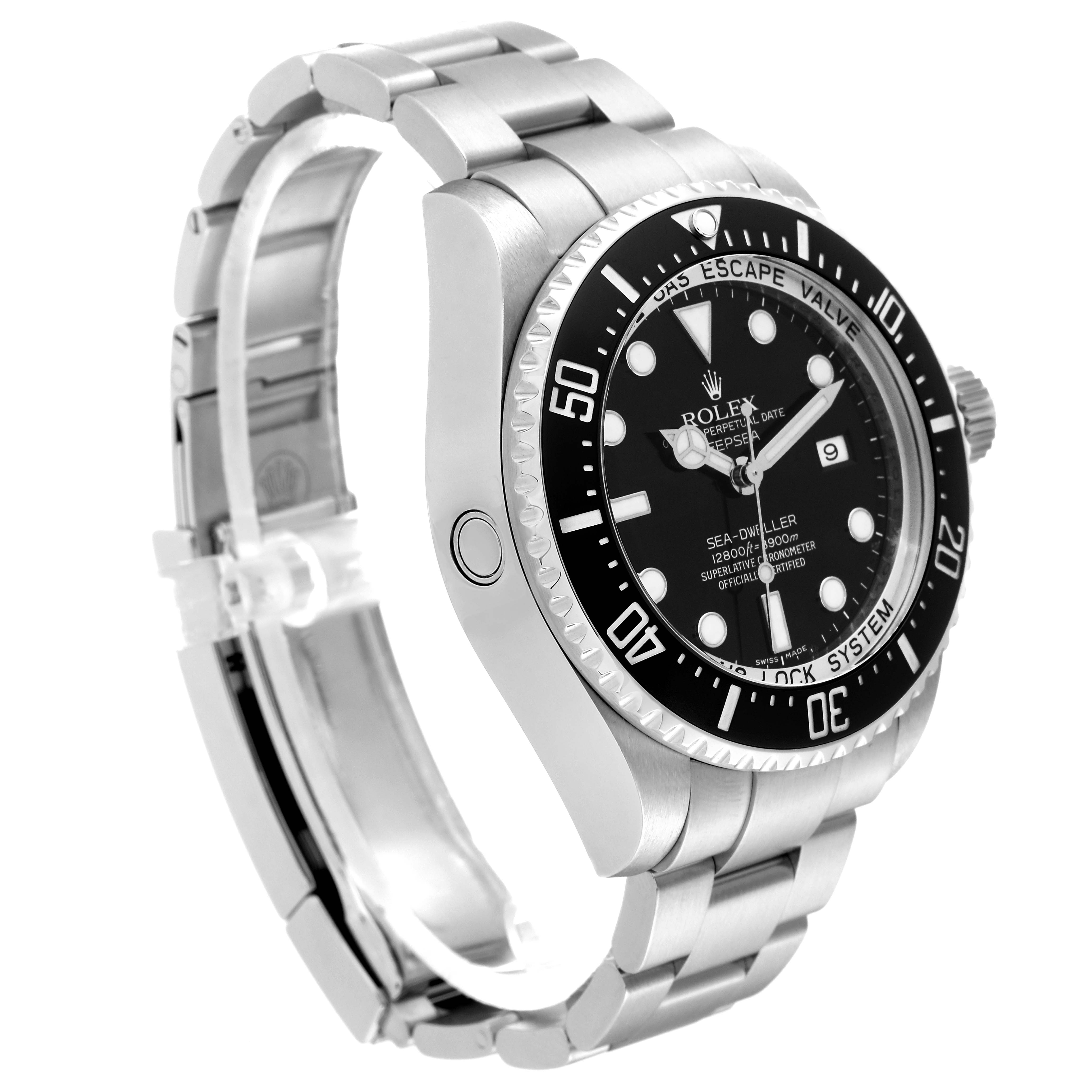 The image shows a side-angle view of a Rolex Sea-Dweller 116660 Men
s Stainless Steel Black Dial 116660 Men
s Stainless Steel Black Dial watch, highlighting its stainless steel case, bezel, and bracelet.