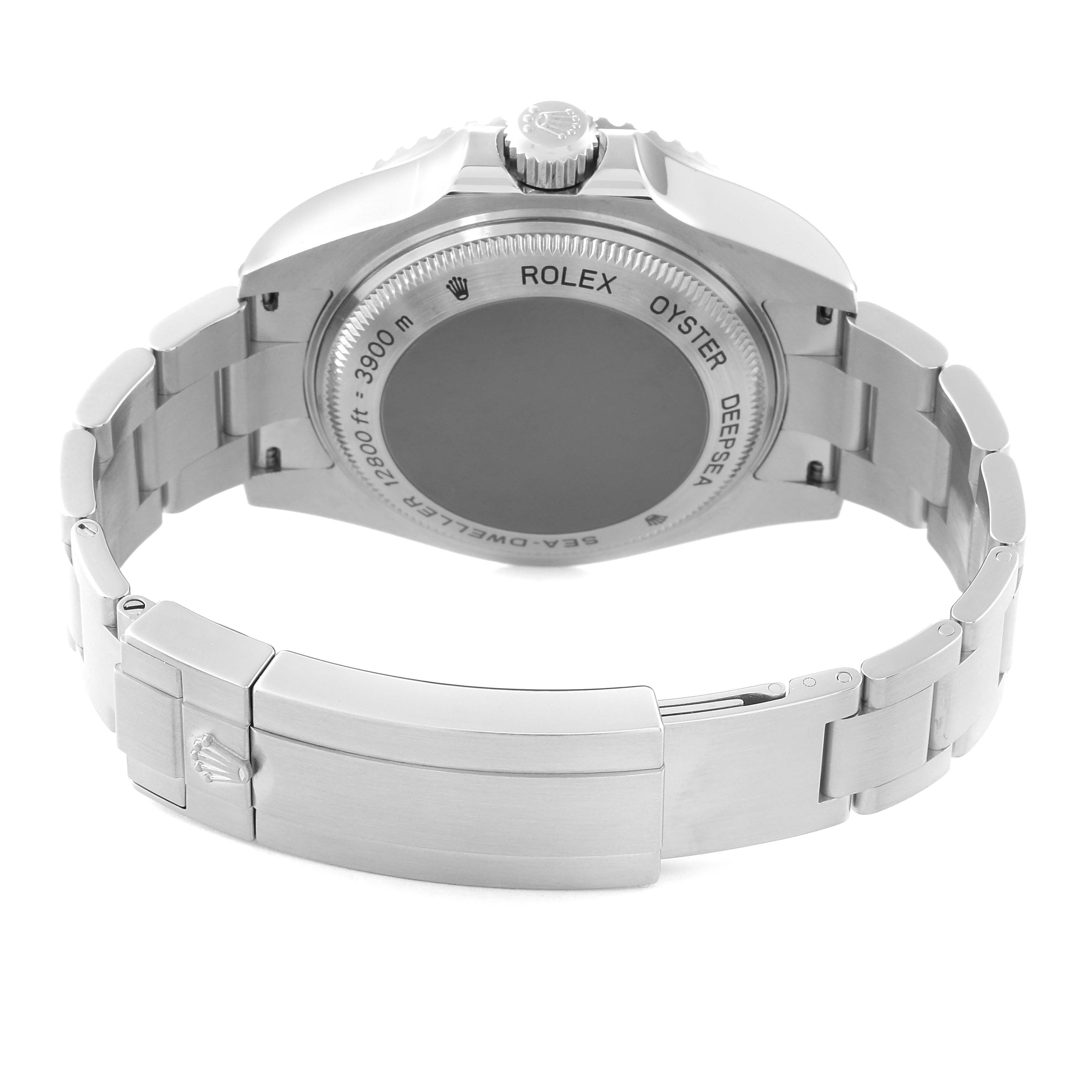 This image shows the back view of a Rolex Sea-Dweller 116660 Men
s Stainless Steel Black Dial 116660 Men
s Stainless Steel Black Dial watch focusing on its case back and metal bracelet.